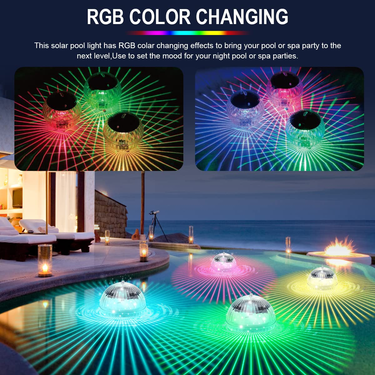 Poolbeleuchtung mit RGB-Farbwechseleffekten, die auf einem Pool schwimmt.