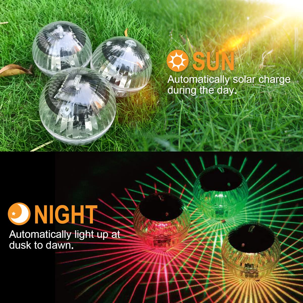 Vier solarbetriebene Lichter im Gras, die den Sonnen- und Nachtmodus zeigen. Rote, grüne und weiße Lichter.