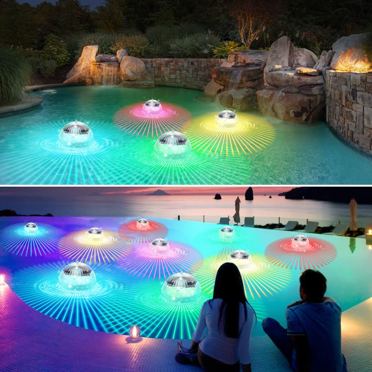 Pool mit leuchtenden Lichtern unter Wasser. Personen sitzen und betrachten die Lichter. Wasserfall im Hintergrund.