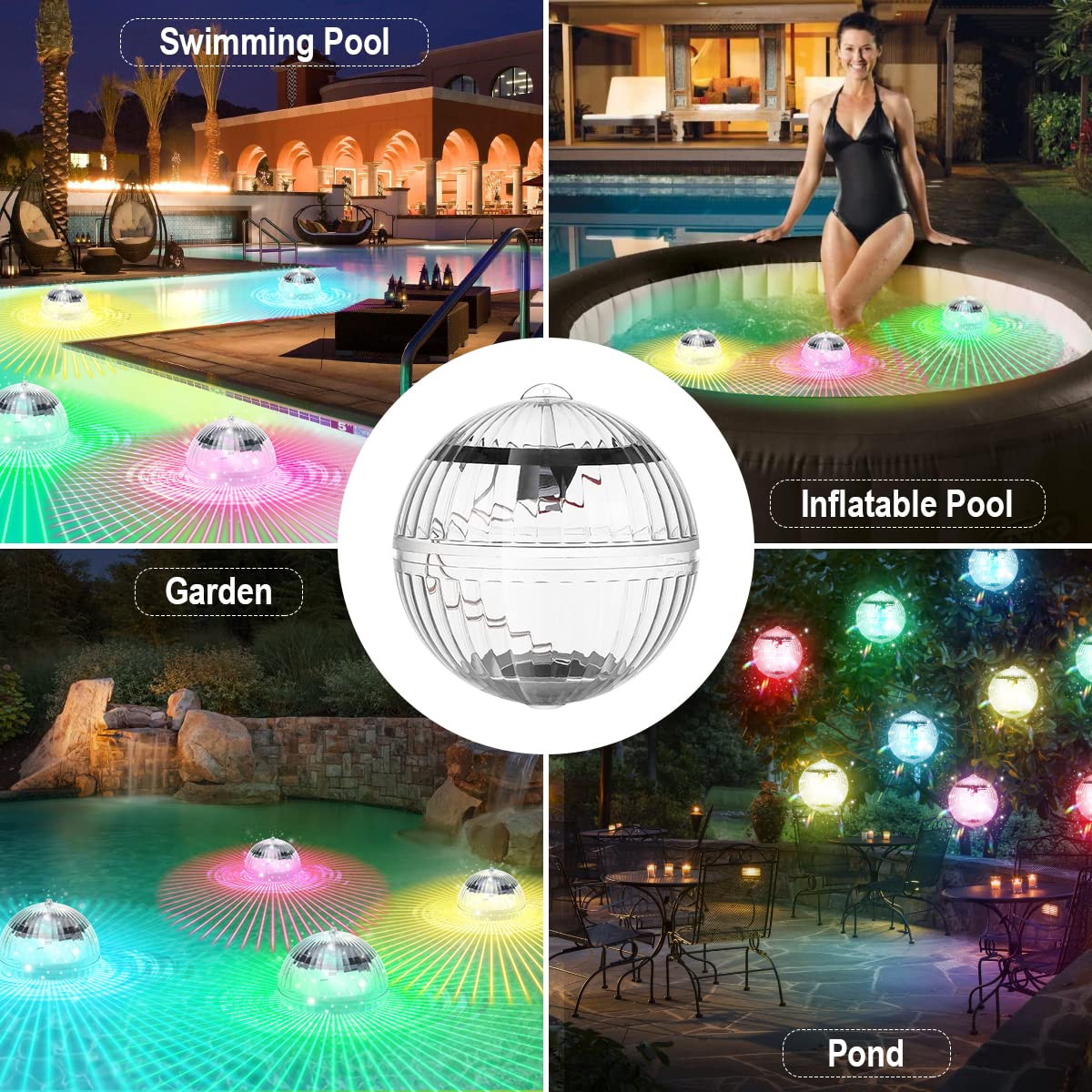 Verschiedene Pools und Gärten mit beleuchteten schwimmenden Lichtern. Die Lichter sind kugelförmig und farbenfroh.
