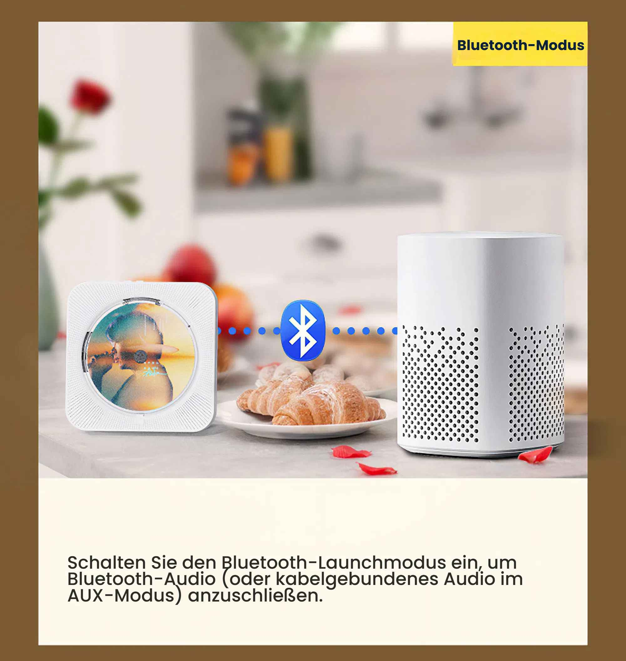 Ein weißer CD-Player und ein weißer Lautsprecher sind über Bluetooth verbunden.
