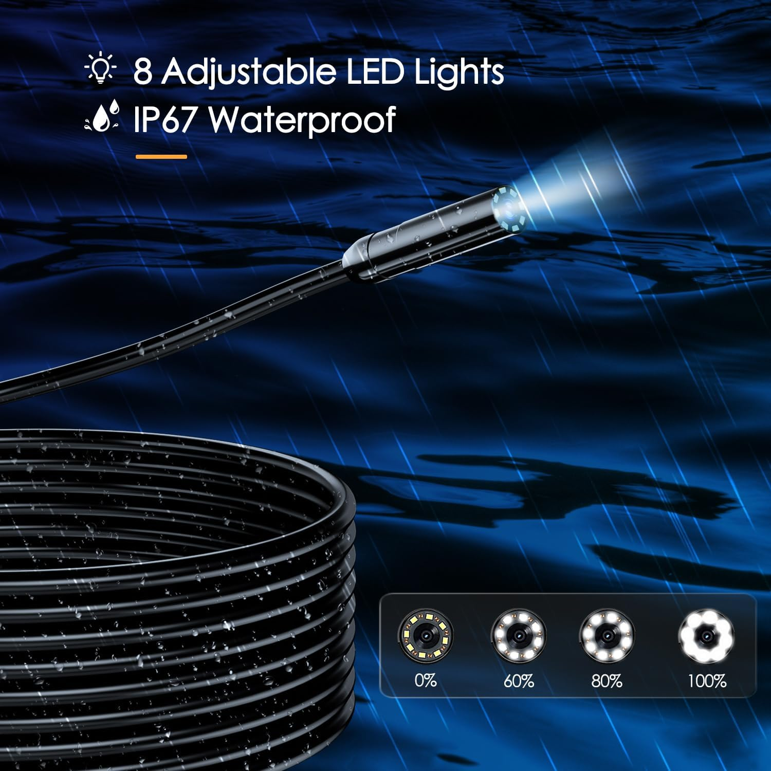 Eine Unterwasserkamera mit 8 einstellbaren LED-Leuchten, im Wasser gezeigt. Zeigt Optionen für die Lichtstärke.