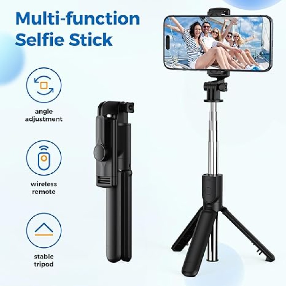 Ein schwarzer Selfie-Stick mit einem angeschlossenen Telefon, einer drahtlosen Fernbedienung und Symbolen, die seine Funktionen veranschaulichen.