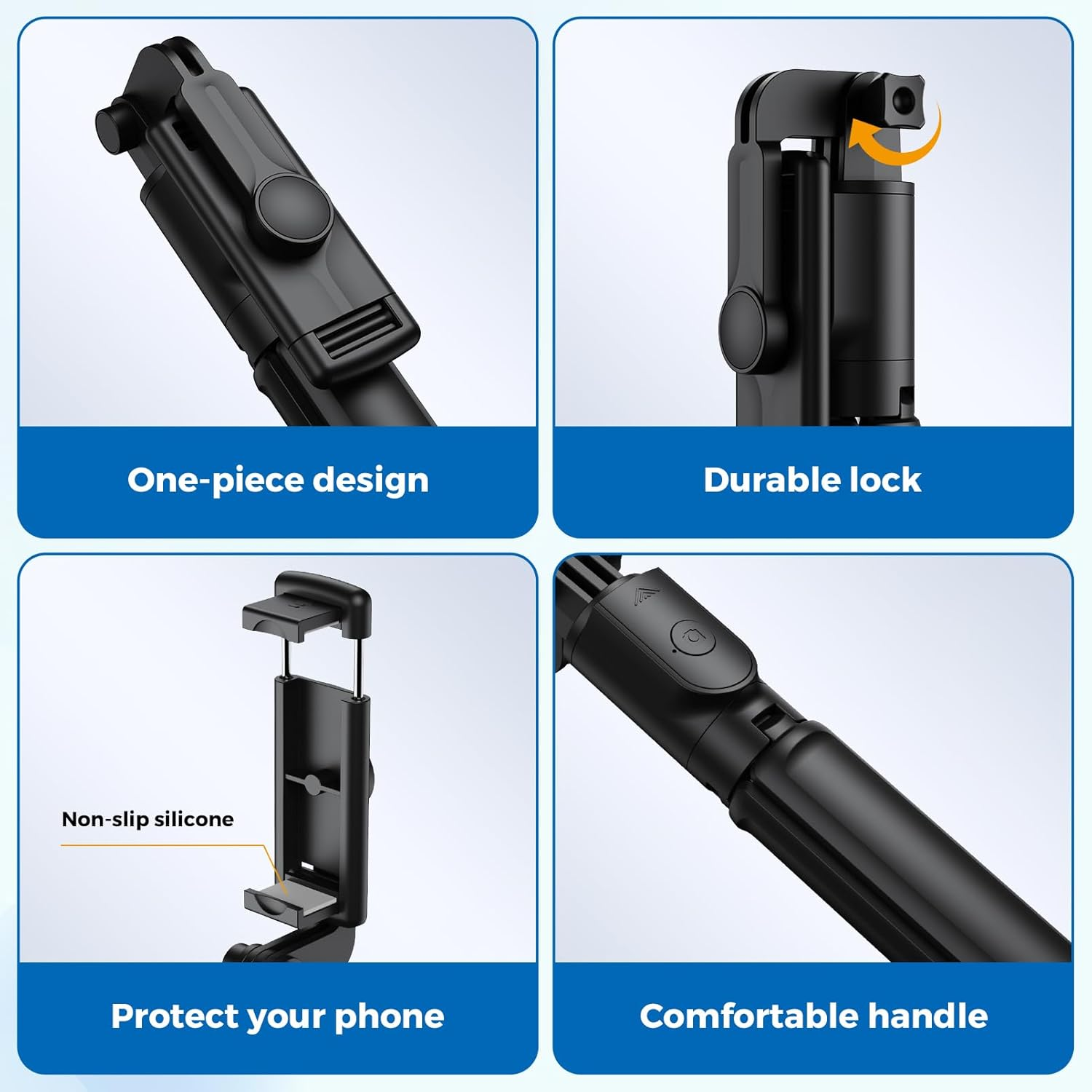 Vier Bilder eines schwarzen Selfie-Sticks. Eines zeigt ein einteiliges Design, einen langlebigen Verschluss, Silikon und Griff.