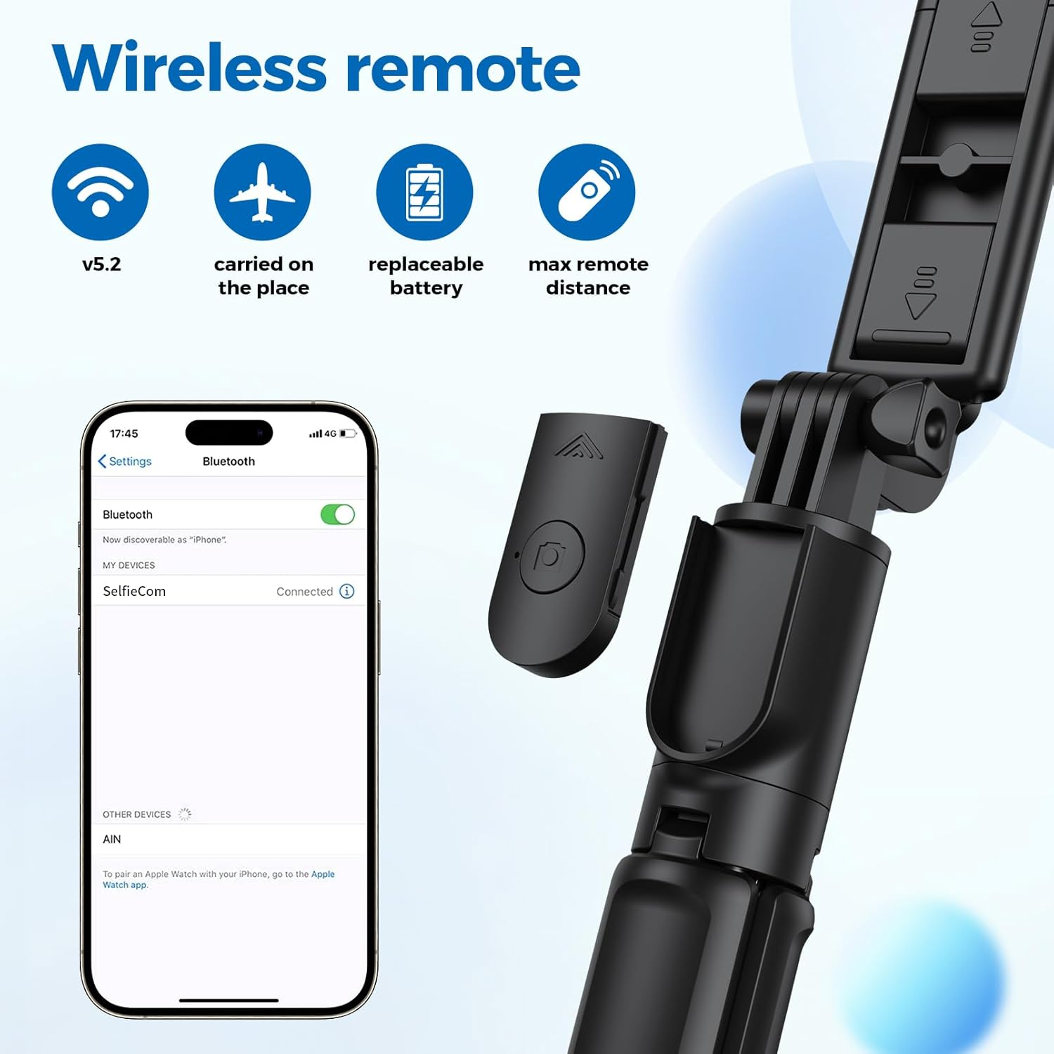 Ein schwarzer Selfie-Stick mit drahtloser Fernbedienung und angeschlossenem Telefon, mit Bluetooth- und Batterie-Symbolen.
