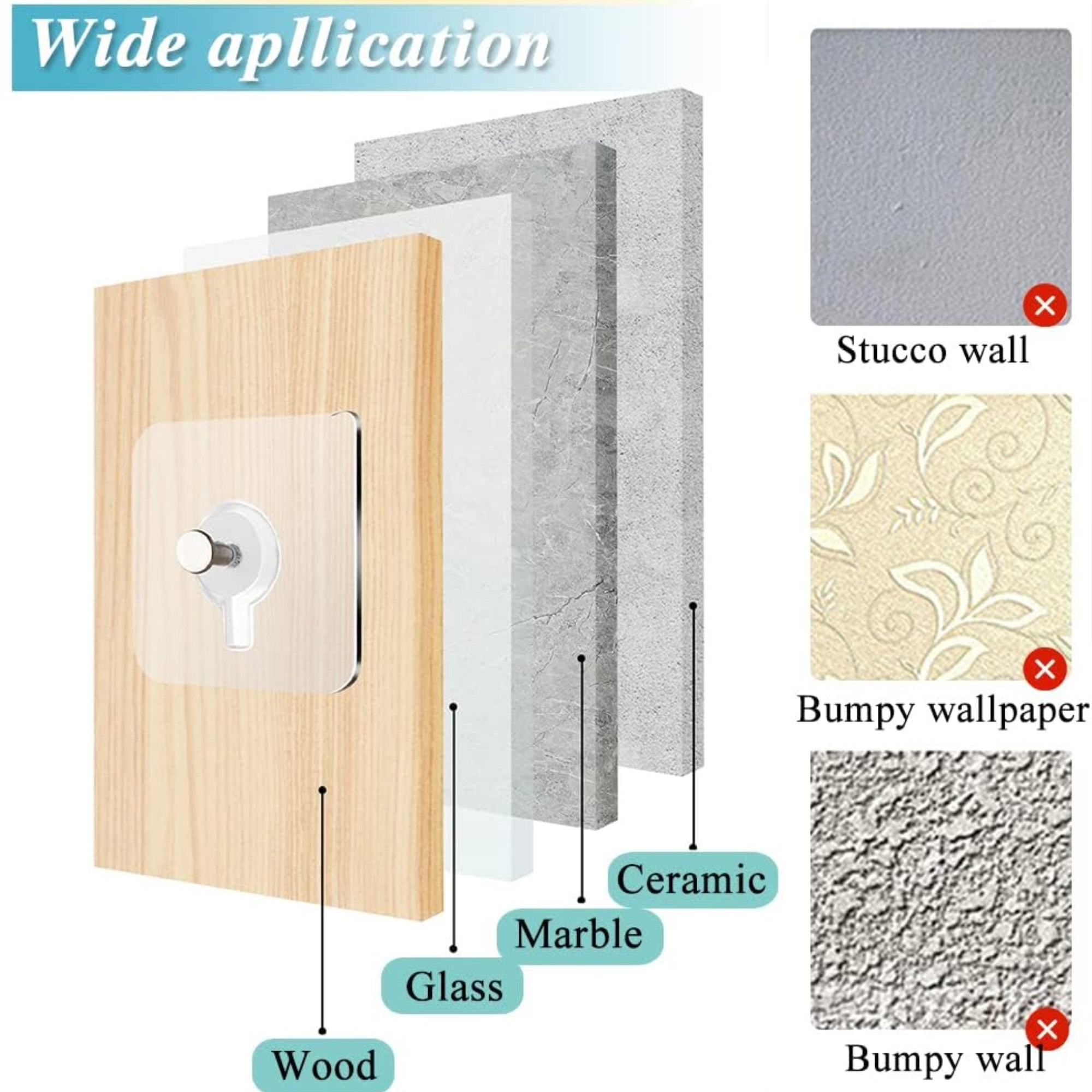 Diagramm zeigt einen Haken, der an Holz haftet, mit Schichten aus Glas, Marmor und Stuckwänden. Es zeigt die Anwendung auf verschiedenen Oberflächen.