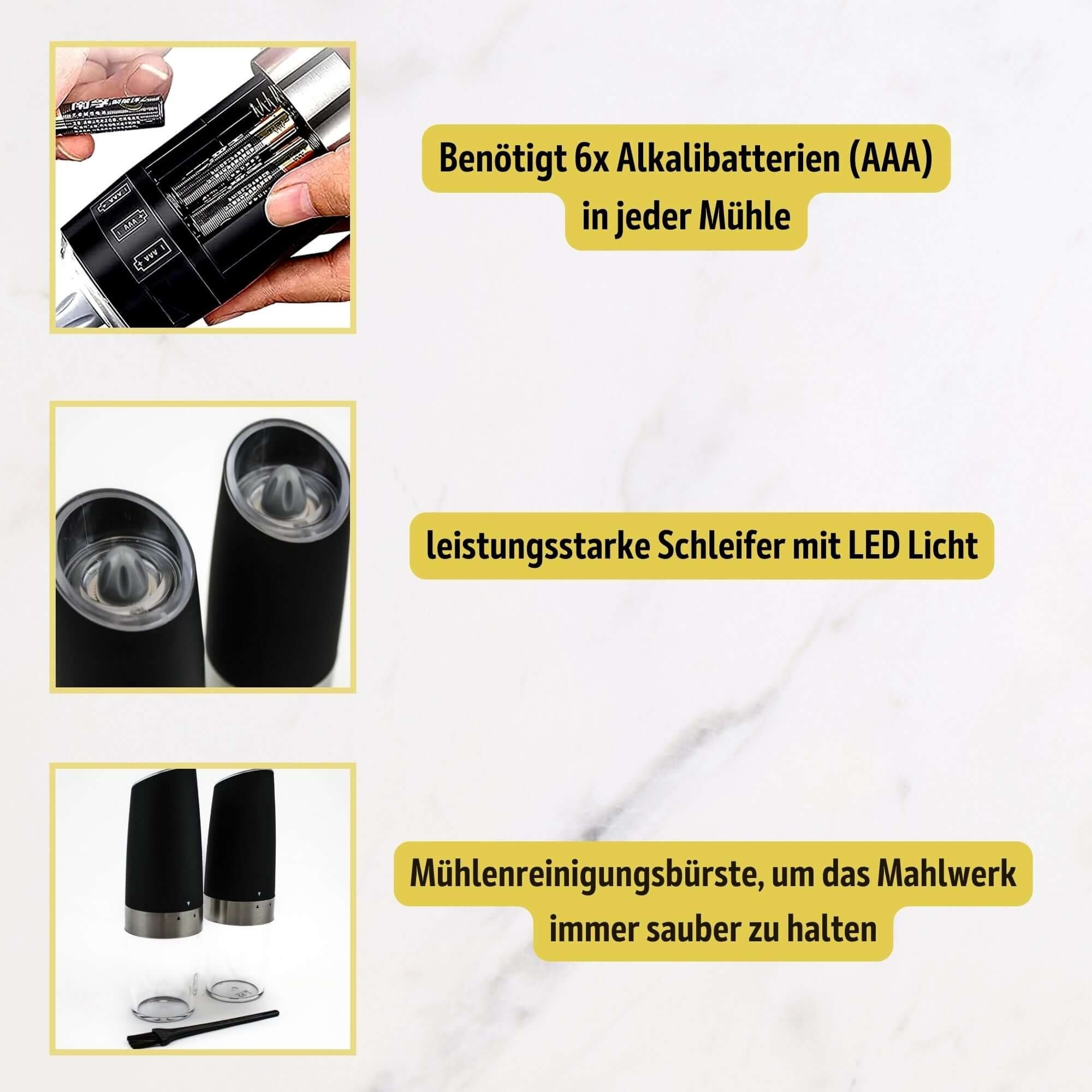 Ein Bild zeigt eine Pfeffermühle mit ihren Teilen und Anweisungen, einschließlich Batterieverwendung und Reinigungsbürste.
