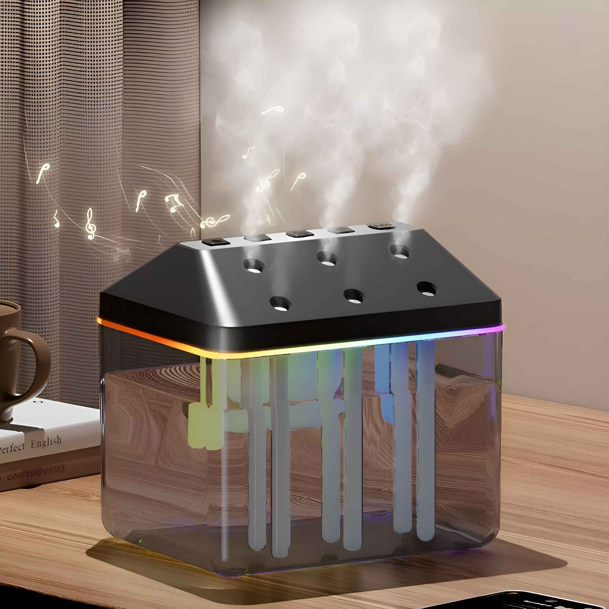 Ein schwarzer und durchsichtiger Luftbefeuchter. Er hat eine weiße Oberseite, mehrere vertikale Röhren und ein Regenbogen-LED-Licht.