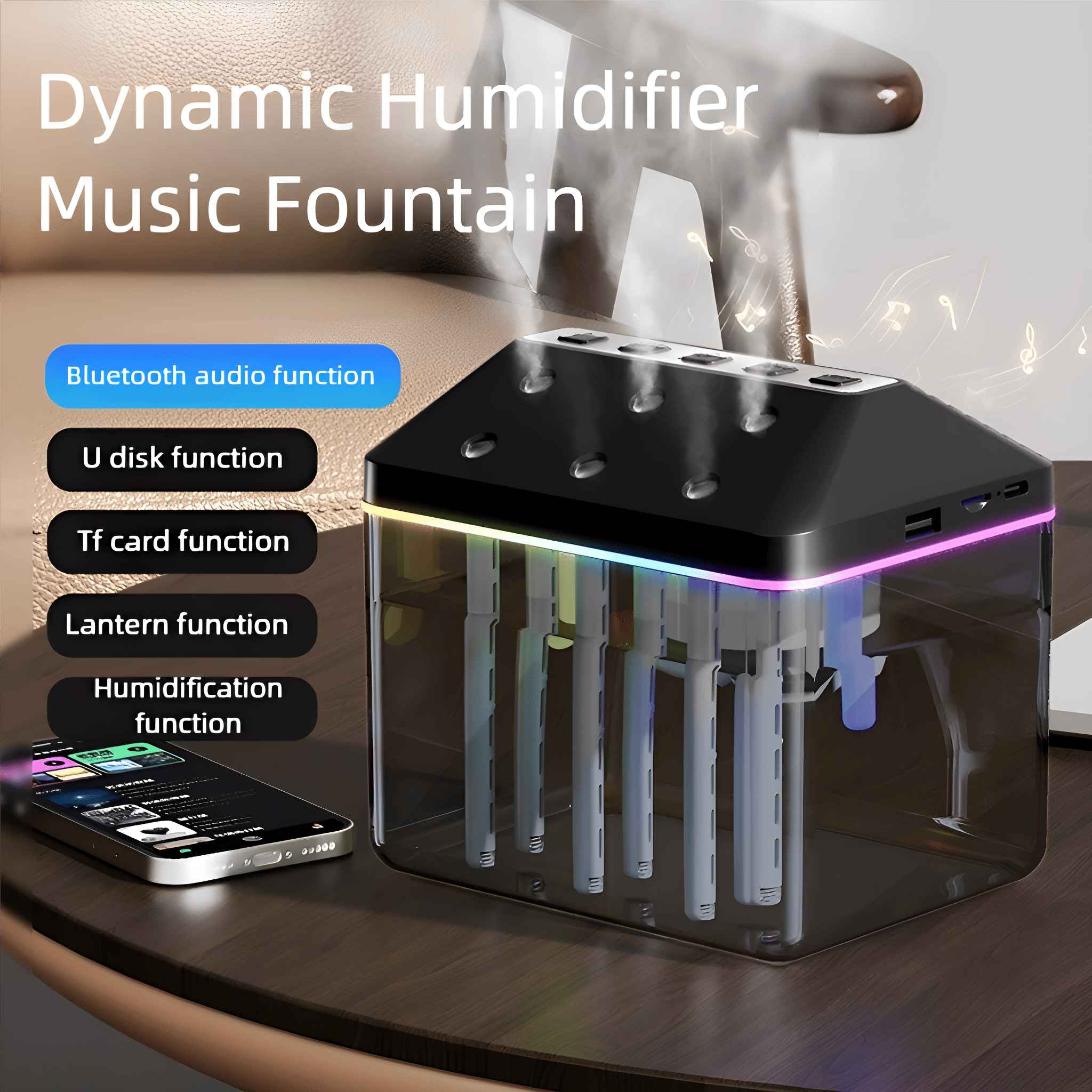 Ein schwarzer Luftbefeuchter mit Wasserdampf, Bluetooth-Audio, U-Disk, TF-Karte, Laternen- und Befeuchtungsfunktionen. Ein Telefon liegt daneben.