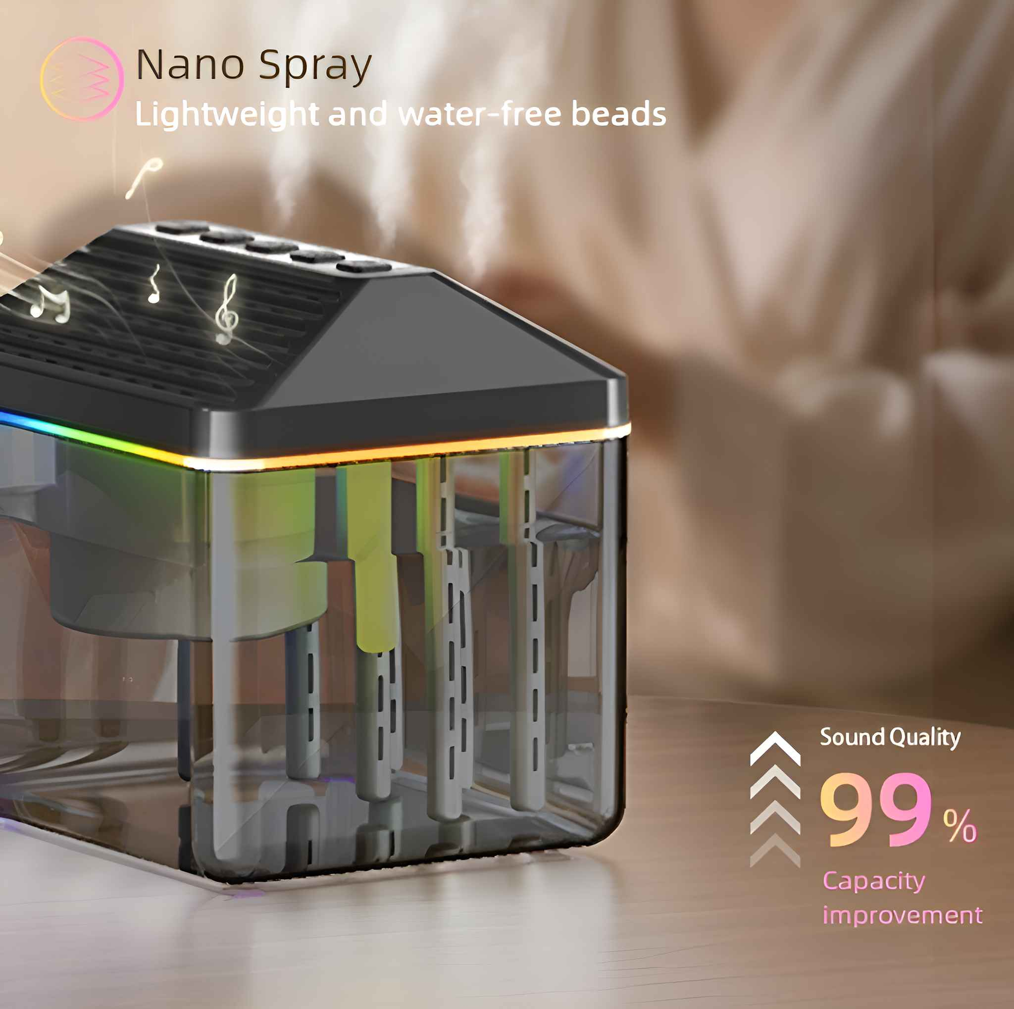 Ein schwarzer und transparenter Luftbefeuchter mit Text 'Nano Spray' und 'Sound Quality 99% increase'.