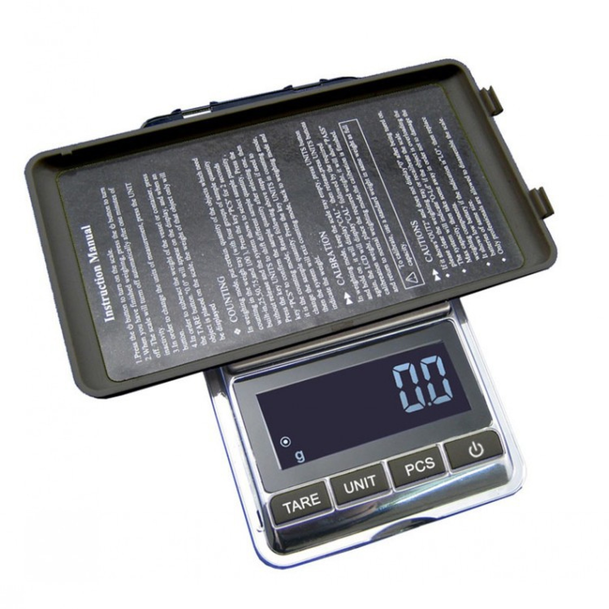 Eine Digitalwaage mit schwarzem Bildschirm und geöffnetem Deckel mit Anleitung.