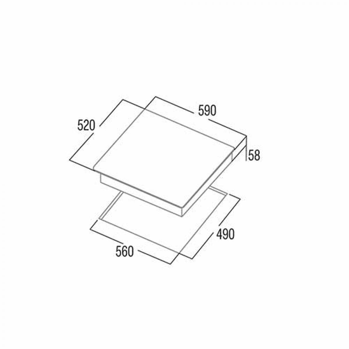 Vista isométrica de una placa de cocina con dimensiones etiquetadas. Tiene forma rectangular.
