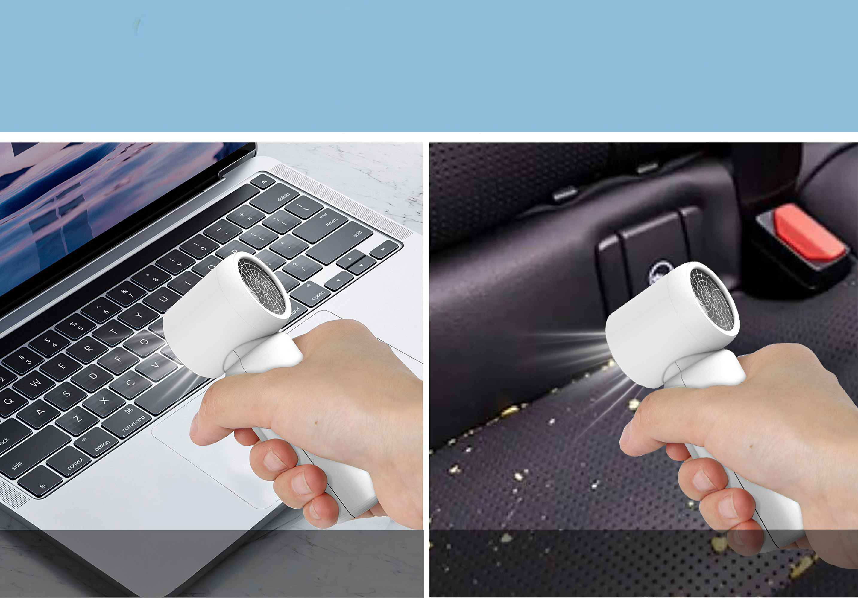 Zwei Bilder zeigen einen Handstaubsauger, der einen Laptop und einen Autositz reinigt.