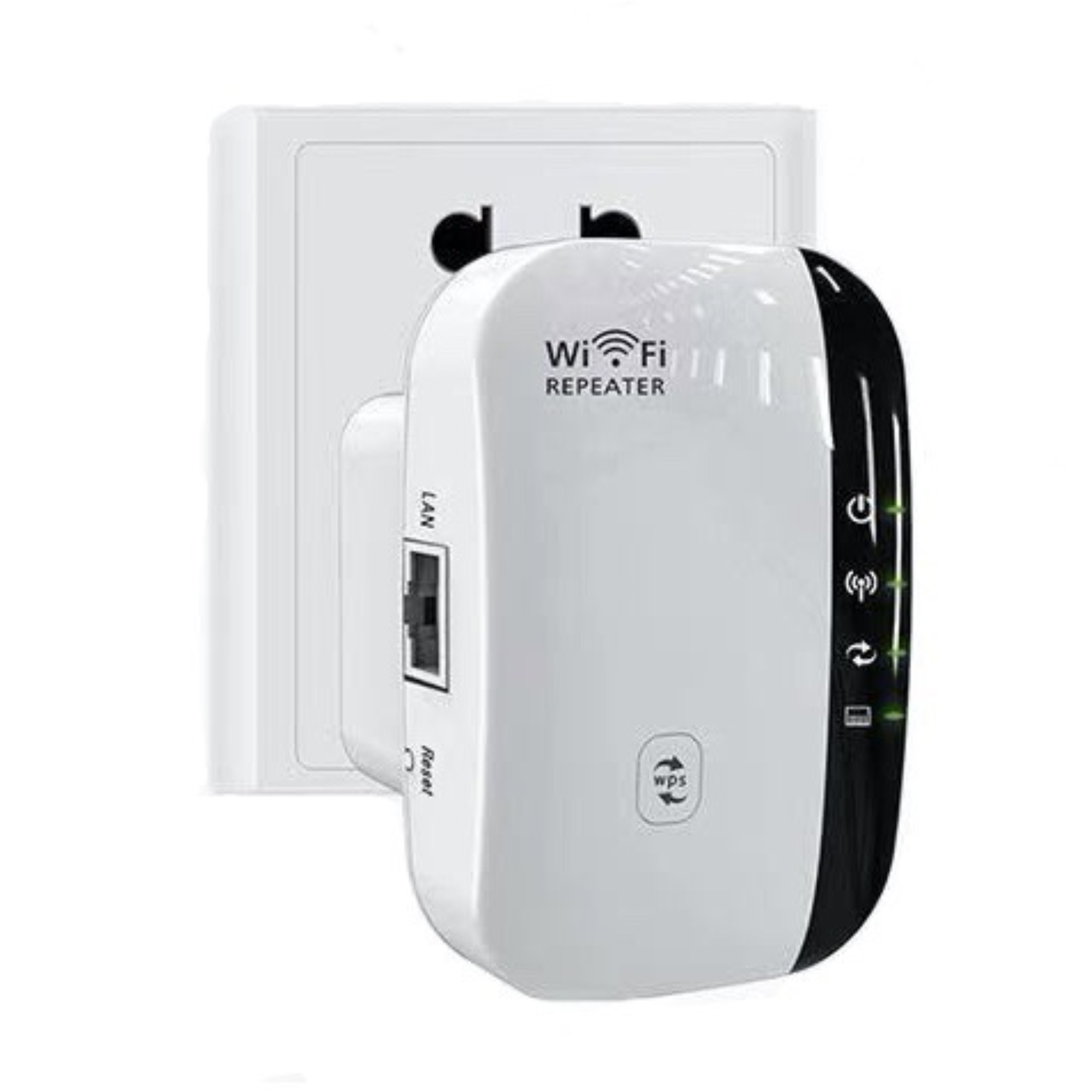 Ein WLAN-Repeater, der in eine Steckdose gesteckt ist, mit weißem Gehäuse und schwarzen Seiten.