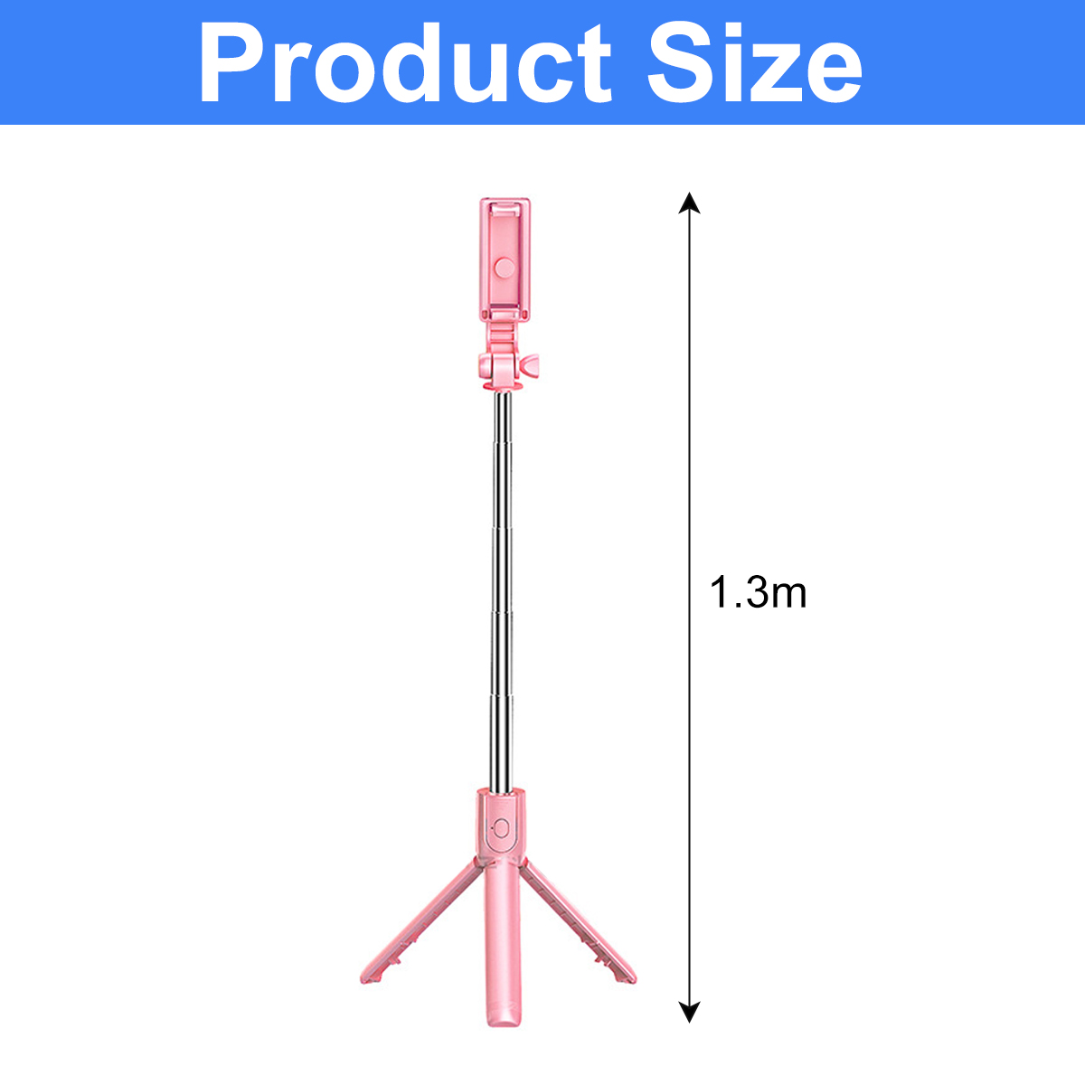 Ein pinkfarbener Selfie-Stick steht hoch. Die Produktgröße wird mit 1,3 m Höhe angezeigt. Der Stick hat eine Stativbasis.