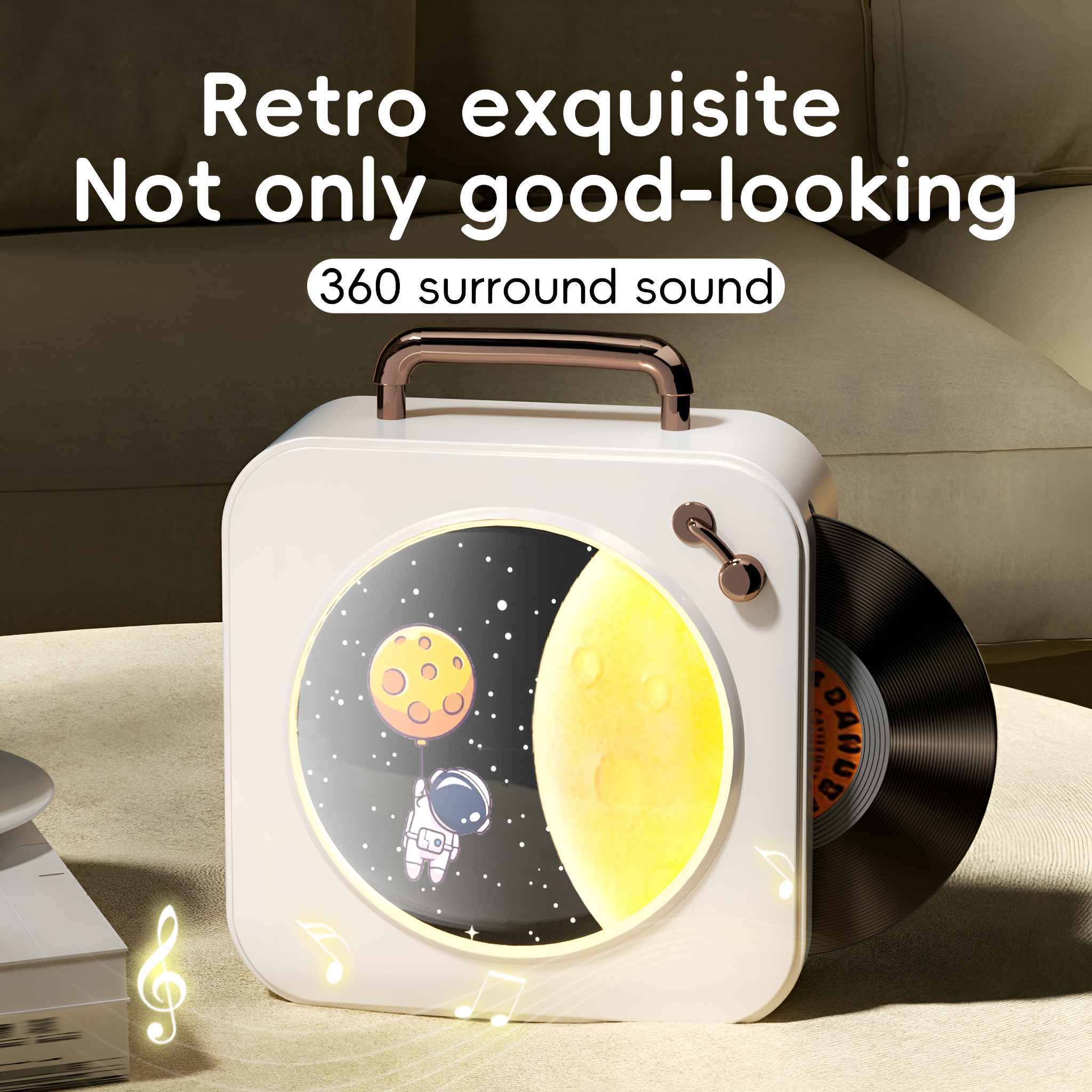 Retro-Lautsprecher mit Vinyl. Ein Astronaut und der Mond sind auf dem Bildschirm, mit Noten drumherum.