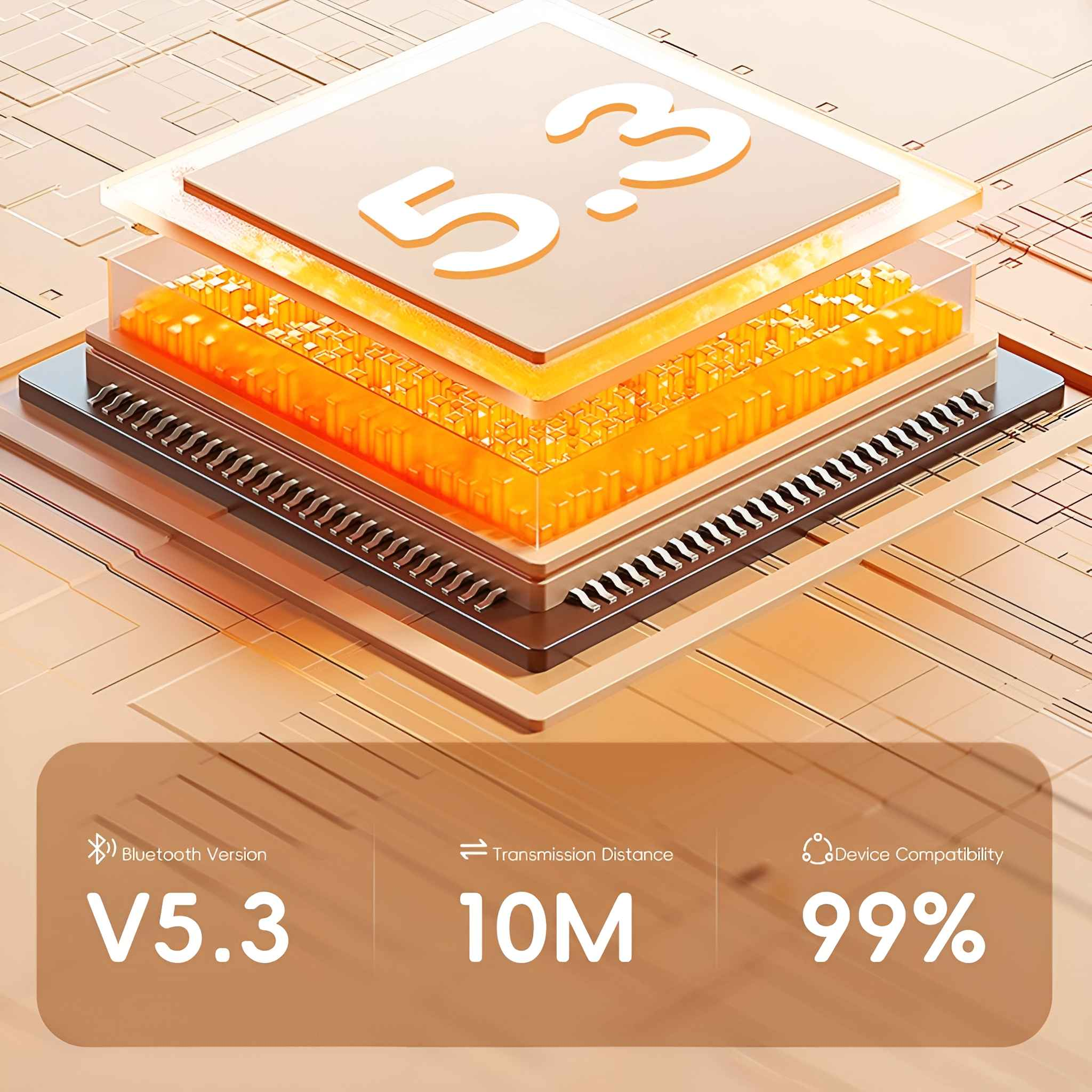 Diagramm, das einen 5.3 Bluetooth-Chip, eine Übertragungsdistanz von 10 m und eine Gerätekompatibilität von 99 % zeigt.