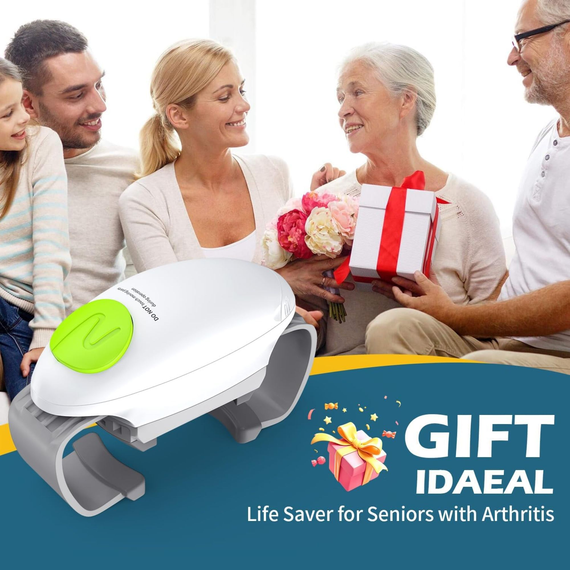 Ein Gläseröffner wird als Geschenk präsentiert. Eine Familie wird gezeigt. Der Text besagt, dass es ein Lebensretter für Senioren mit Arthritis ist.