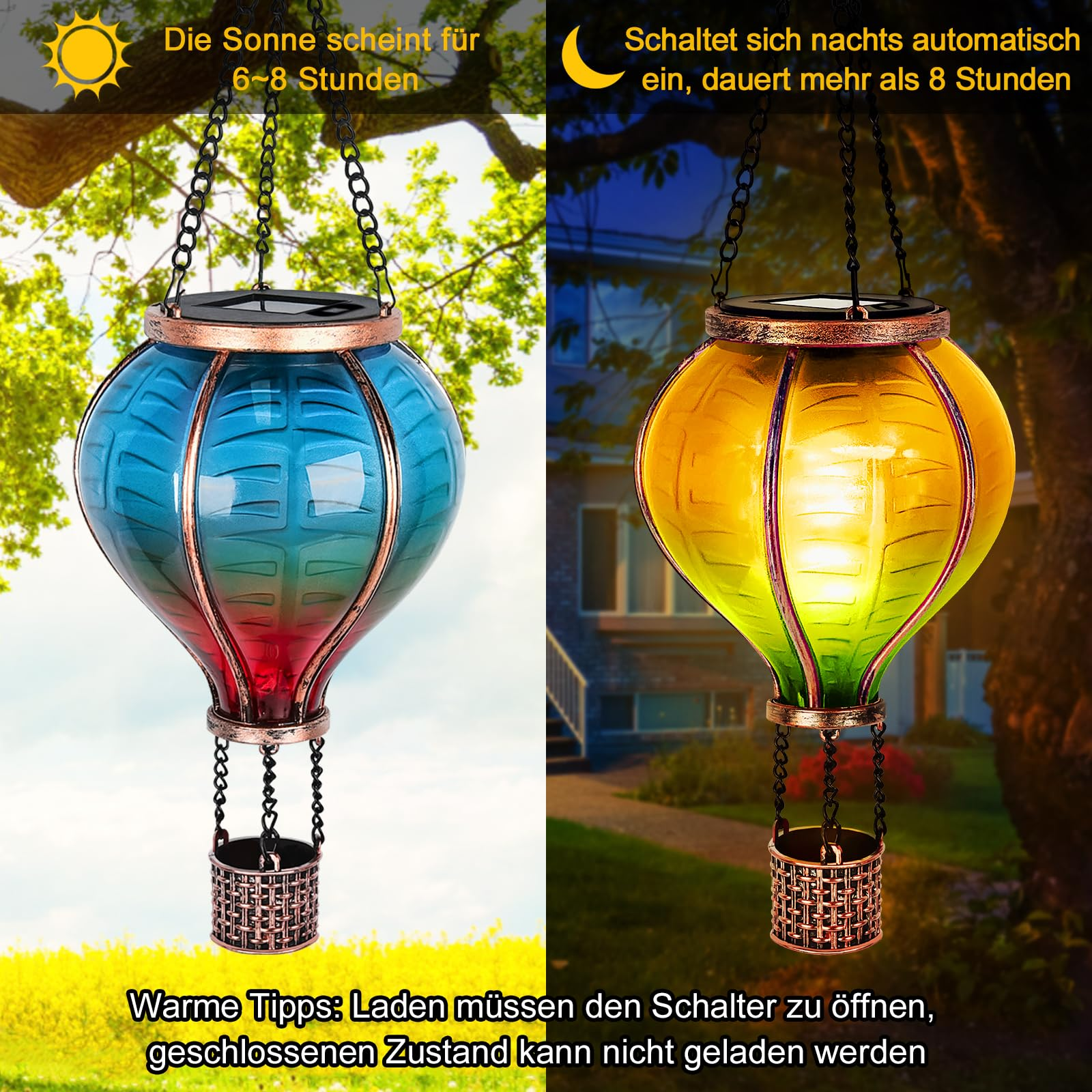 Zwei Solar-Heißluftballons. Einer ist beleuchtet, der andere nicht. Text auf Deutsch über Solarladung und Nachtbeleuchtung.