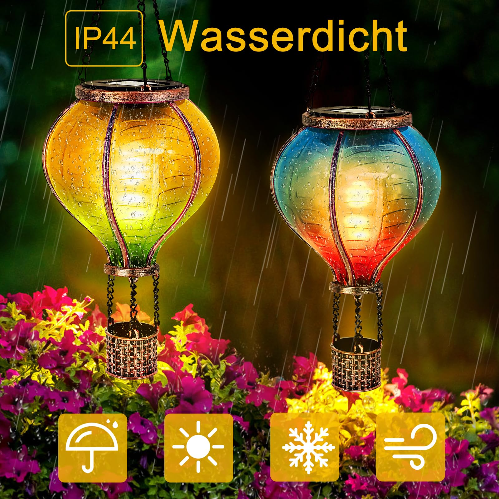 Zwei Solar-Laternen in Form von Heißluftballons mit bunten Lichtern, vor einer Gartenszene.