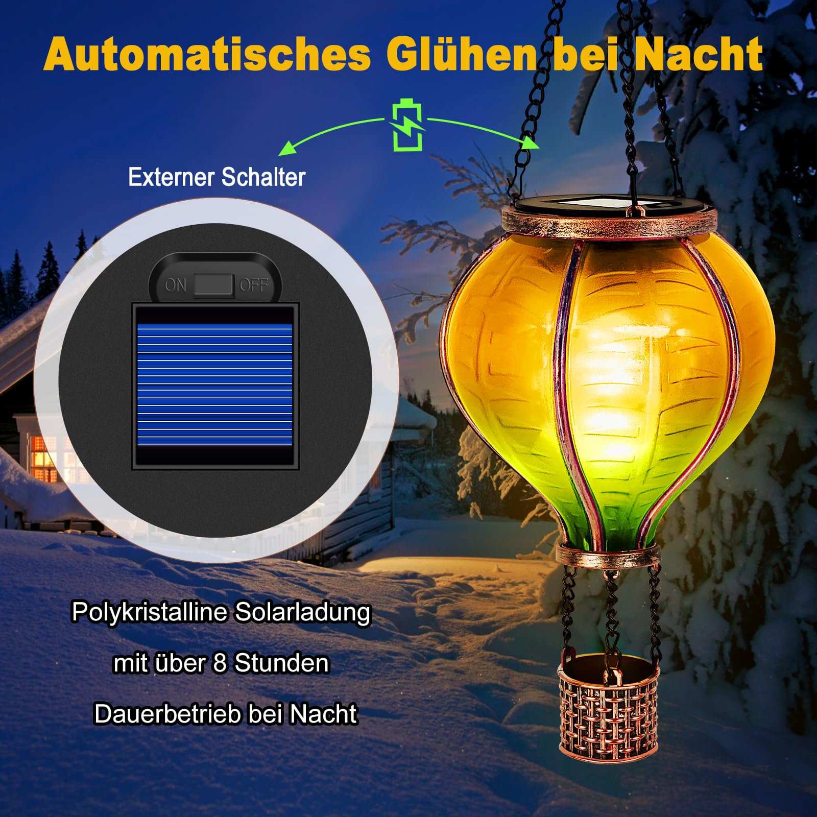 Ein solarbetriebener Heißluftballon mit Text über Solarladung und Nachtbeleuchtung. Der Ballon ist gelb/grün.