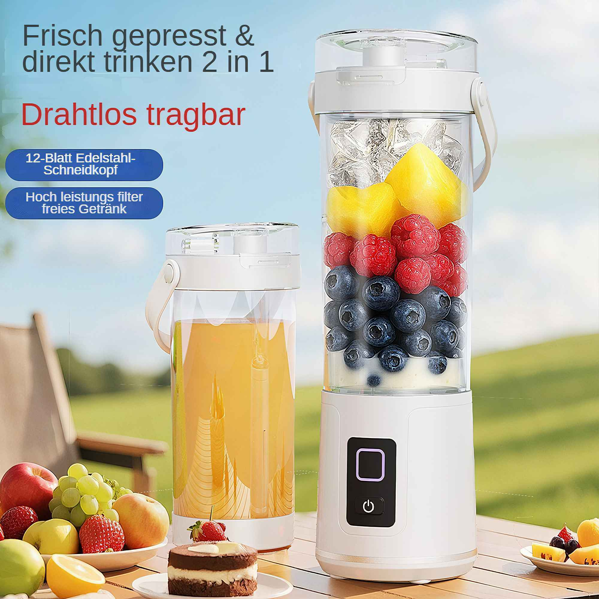 Ein tragbarer Mixer mit Zutaten und einem Glas Saft, der das Produkt und seine Verwendung zeigt.