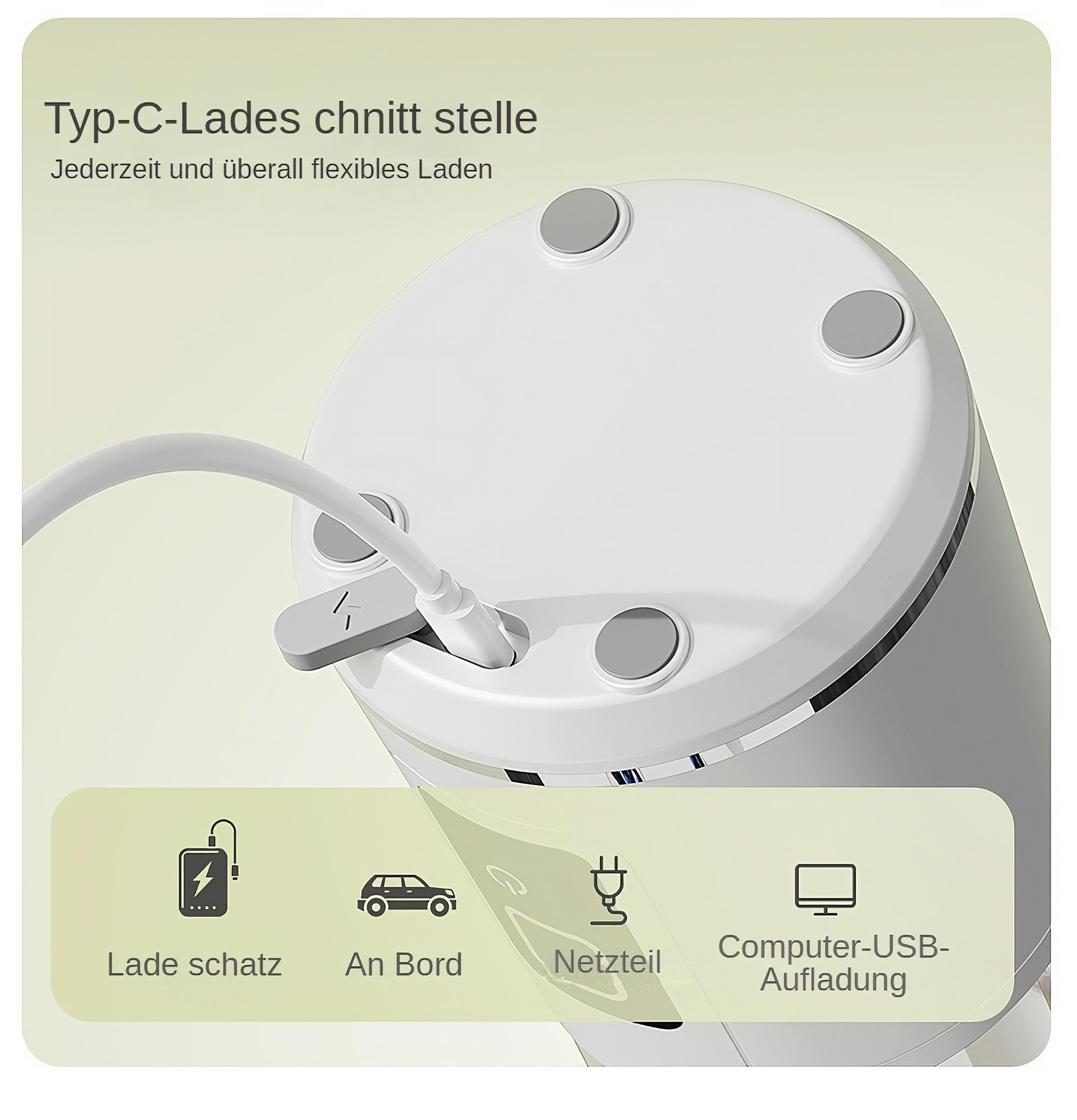 Nahaufnahme eines weißen Mixer-Sockels mit Ladeanschluss und grauen Knöpfen. Text-Overlays.
