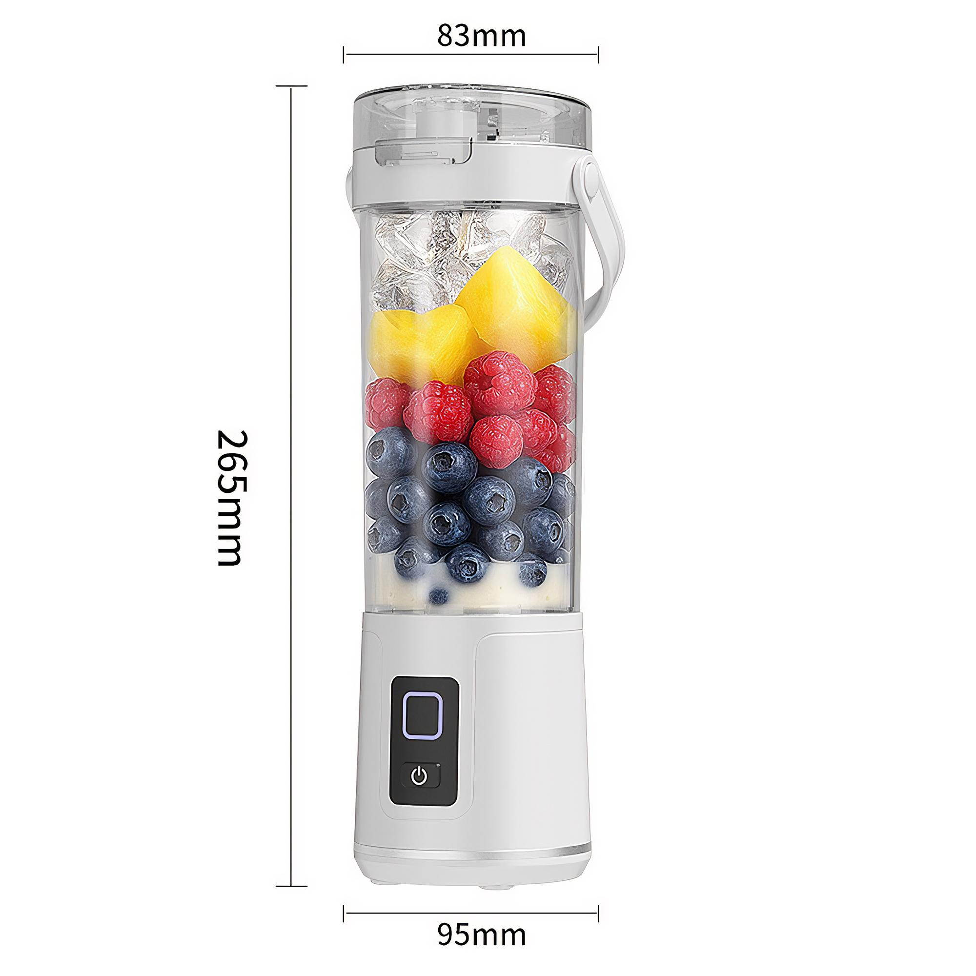 Ein weißer Mixer, gefüllt mit Früchten und Eis. Abmessungen werden angezeigt.