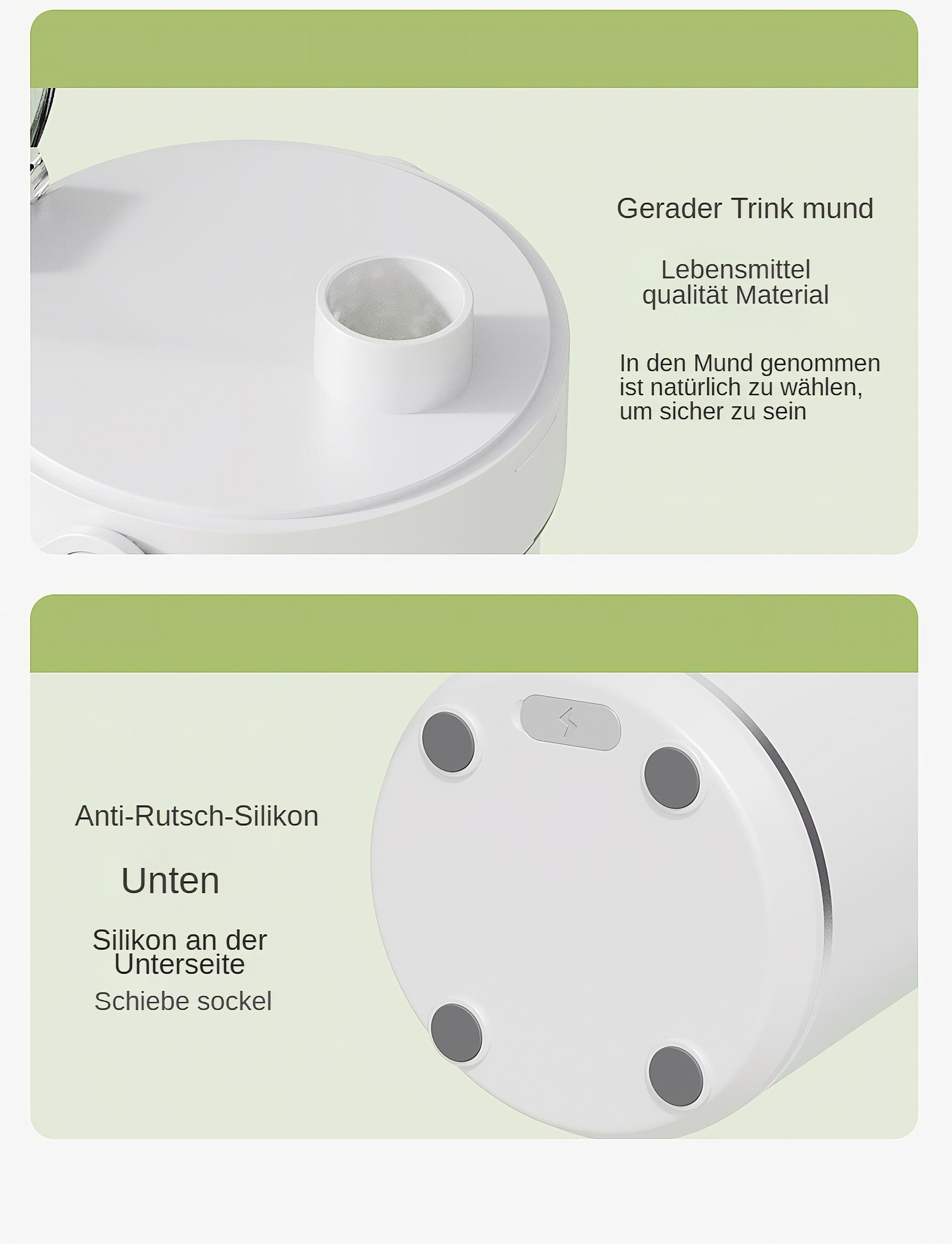 Nahaufnahme eines Mixer-Sockels mit Details von oben und unten, einschließlich der Anti-Rutsch-Basis.