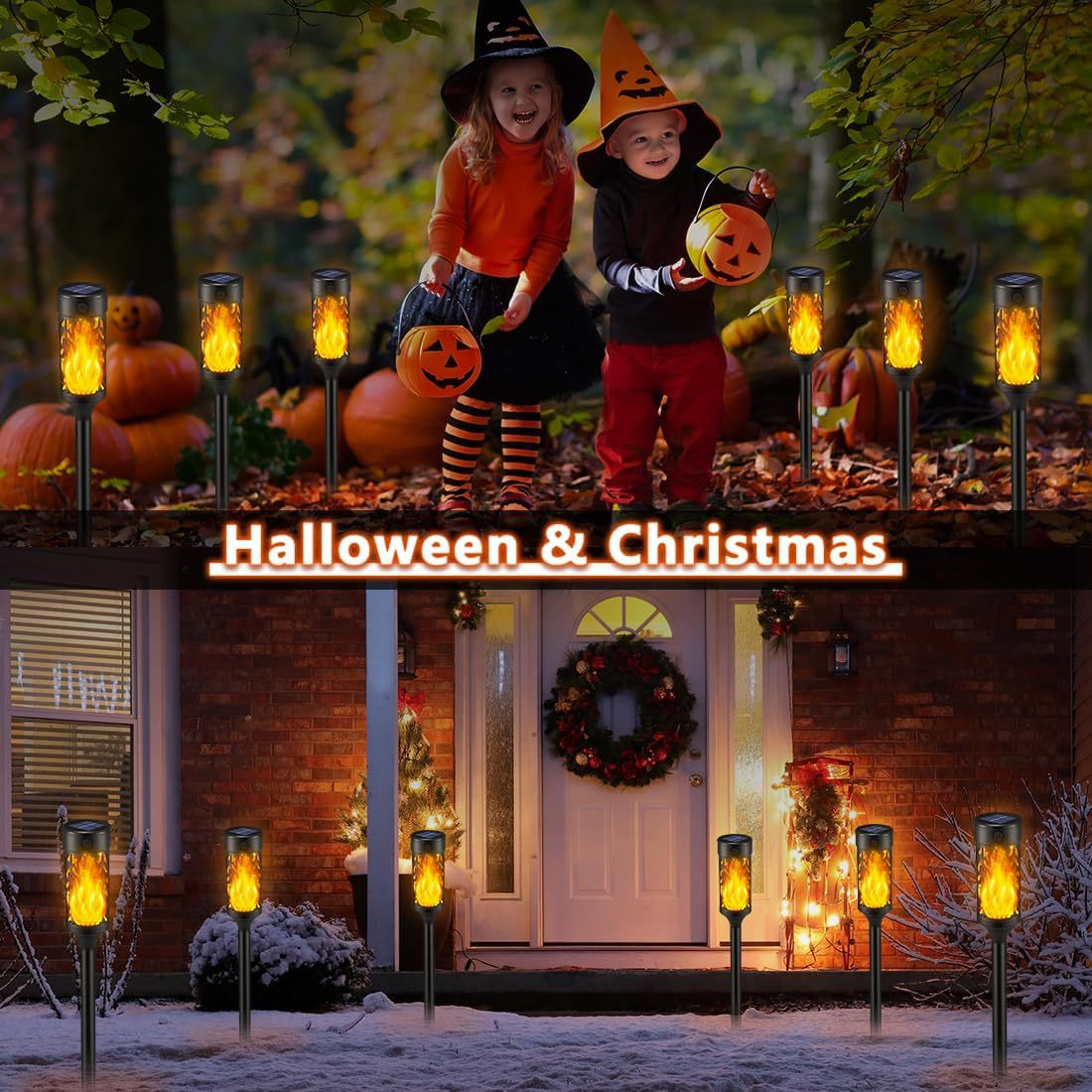 Eine Halloween-Szene mit verkleideten Kindern, Kürbissen und flammförmigen Lichtern vor einem Haus.
