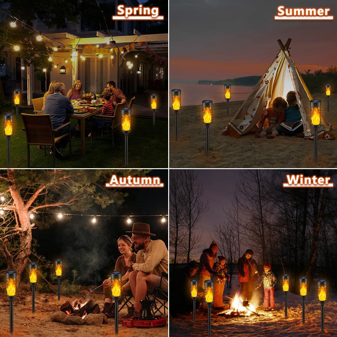 Vier Bilder, die Solarfackelleuchten in verschiedenen saisonalen Umgebungen zeigen: Frühling, Sommer, Herbst und Winter.