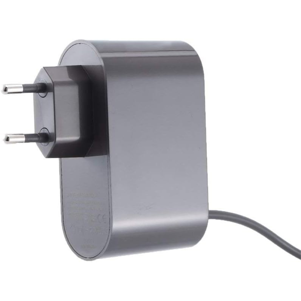 Ein dunkelgrauer Netzadapter mit zwei Stiften und einem schwarzen Kabel.