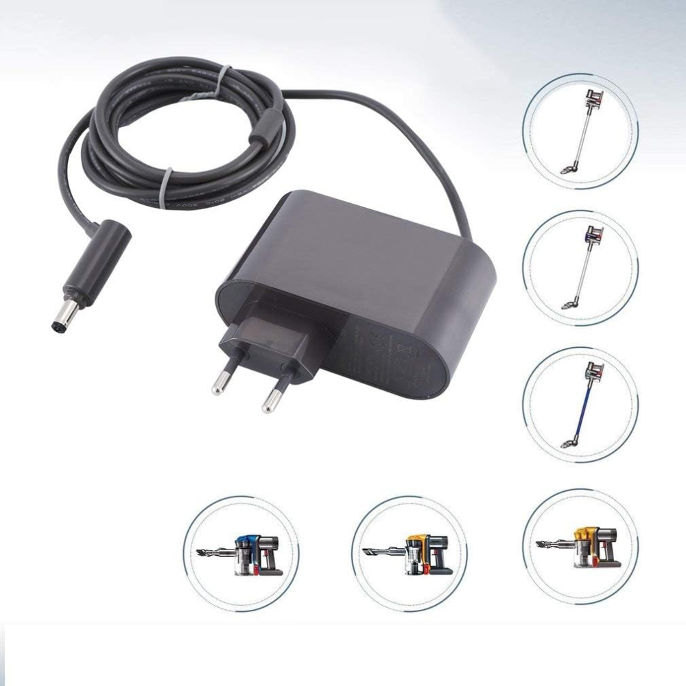 Ein dunkelgrauer Netzadapter mit einem schwarzen Kabel und verschiedenen Staubsaugeraufsätzen in Kreisen.