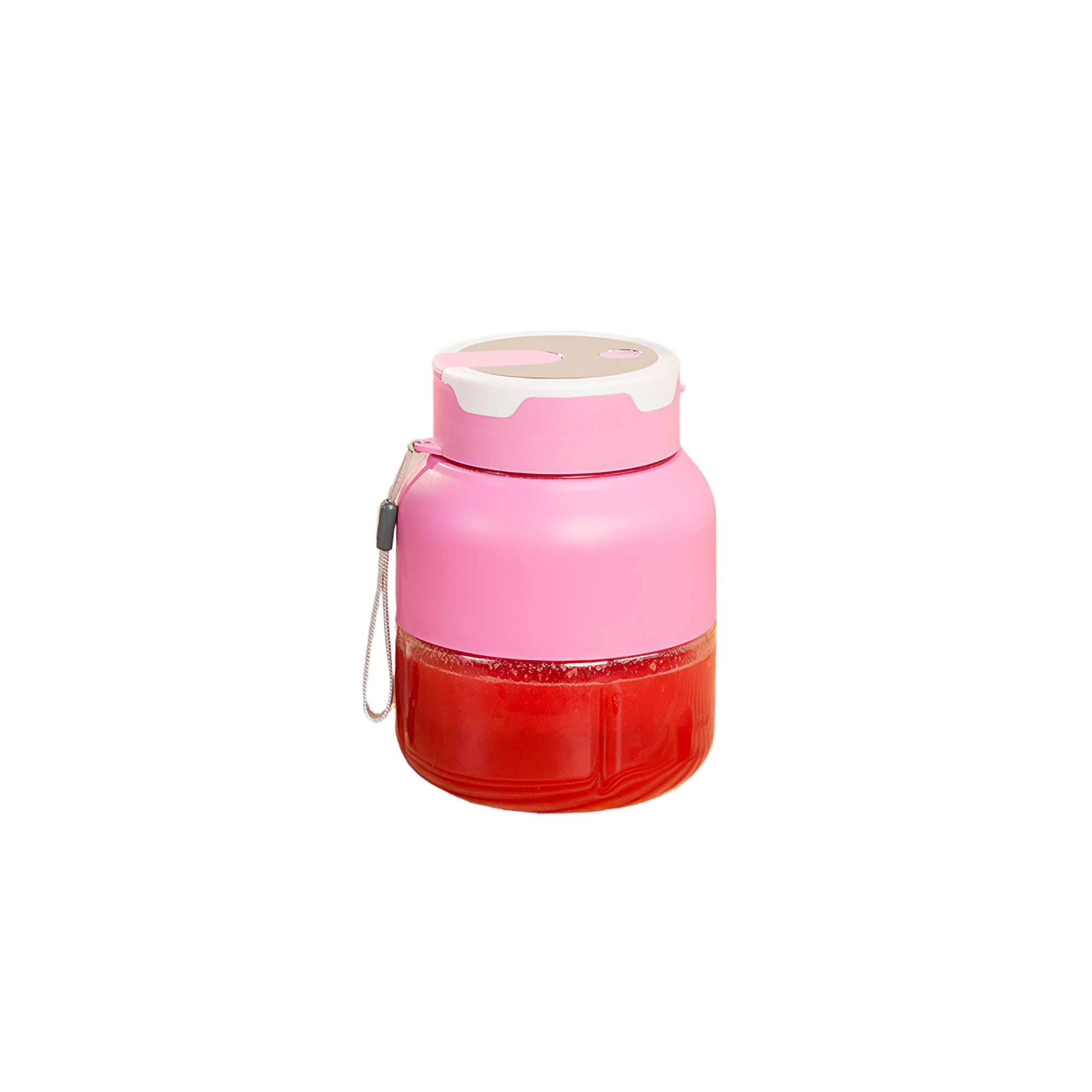 Ein pinkfarbener und weißer tragbarer Mixer, gefüllt mit roter Flüssigkeit. Er hat einen kleinen Griff und einen transparenten Behälter.
