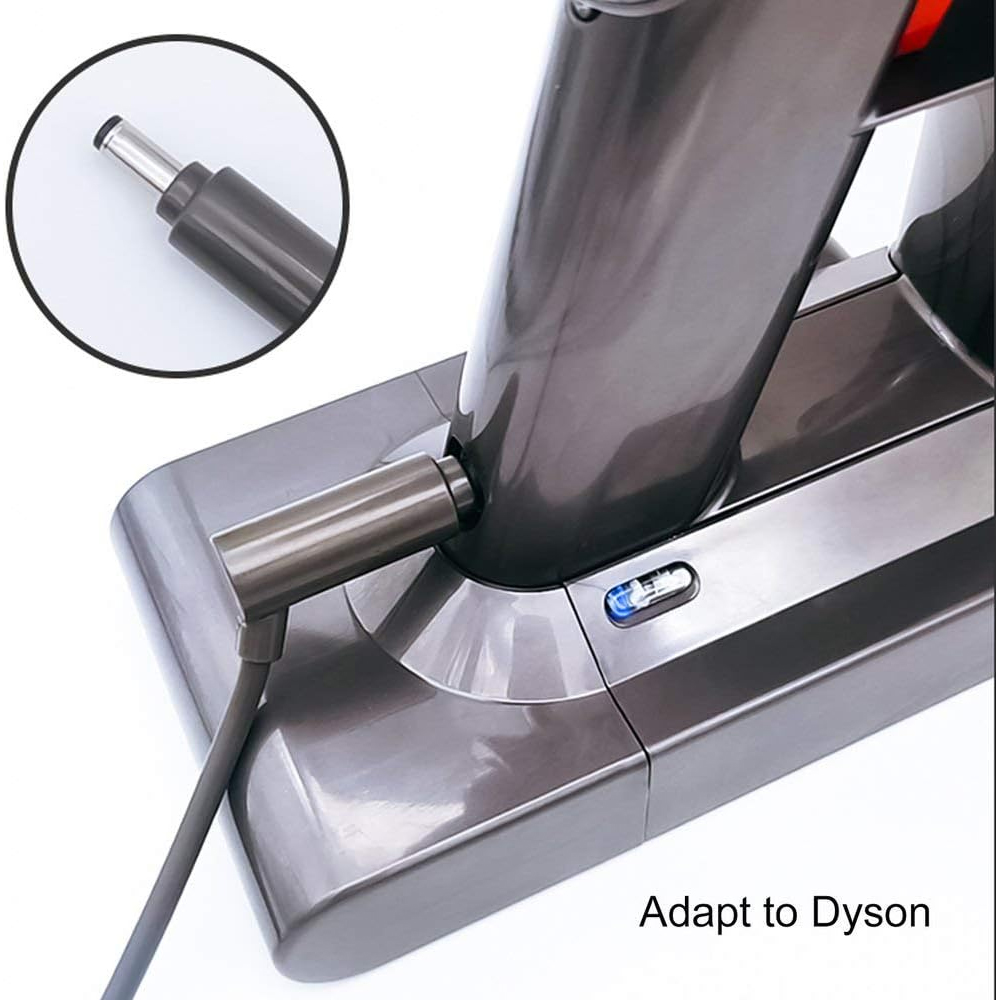 Nahaufnahme zeigt das Ende eines Staubsaugerkabels und den Ladeanschluss. Text: Adapt to Dyson.