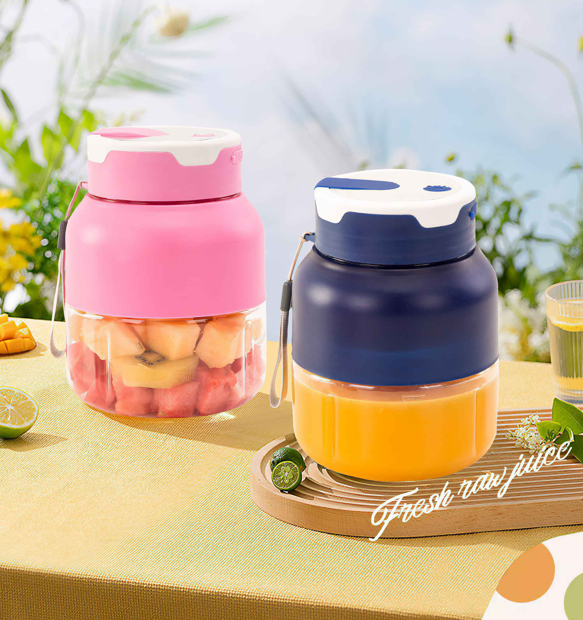Zwei tragbare Mixer mit Früchten gefüllt. Einer pink, einer blau. Saft und Früchte sind sichtbar. Text: Frischer roher Saft.