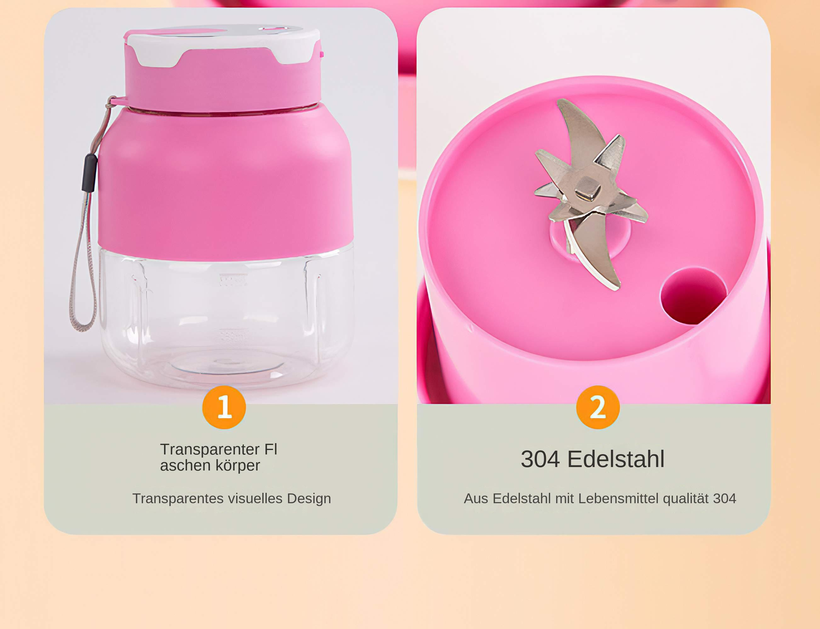 Ein pinker Mixer mit einem durchsichtigen Behälter. Das Bild zeigt die Teile und die Klinge.