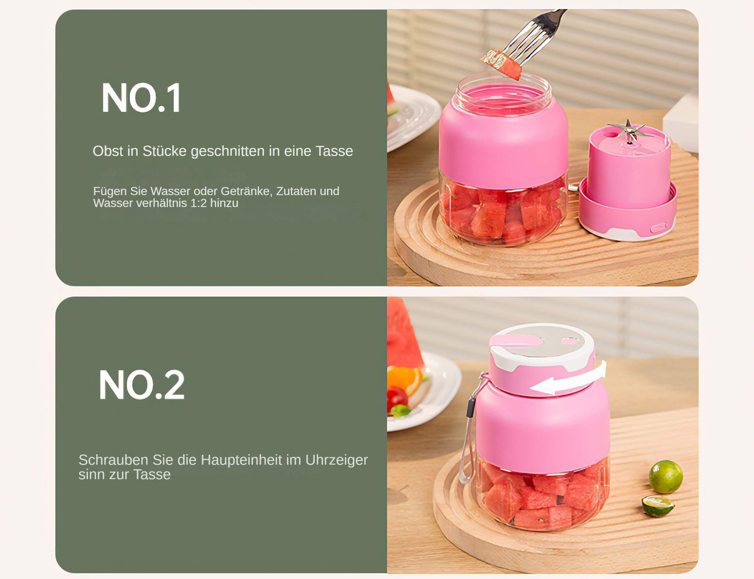 Anweisungen zur Verwendung eines pinkfarbenen tragbaren Mixers. Zwei Bilder zeigen die Montageschritte. Wassermelone im Mixer.