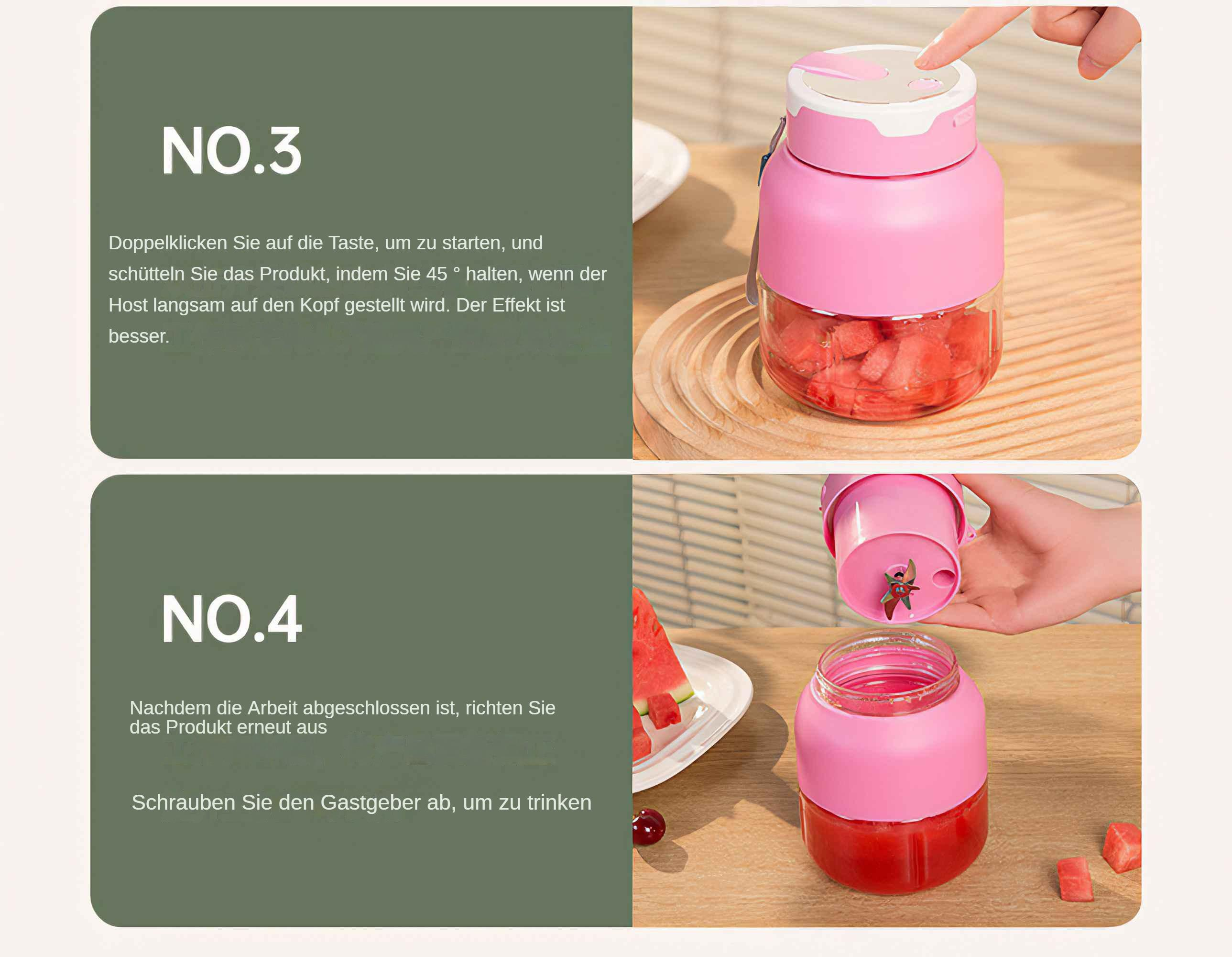 Ein pinkfarbener Mixer mit Wassermelonenstücken und Anweisungen.