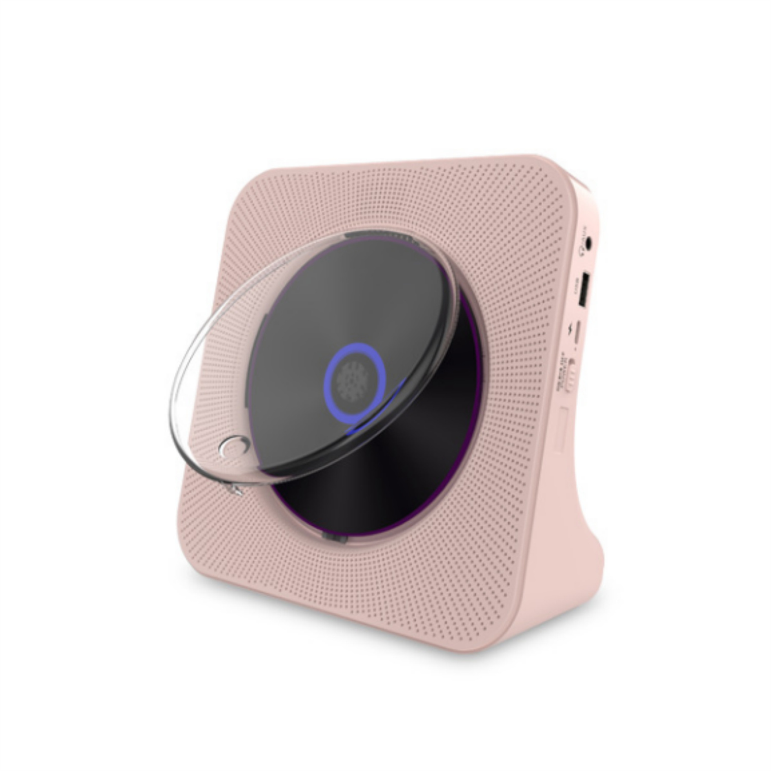 Ein pinkfarbener CD-Player mit offenem, durchsichtigem Deckel, der die Disc freigibt. Es befindet sich auf weißem Hintergrund.