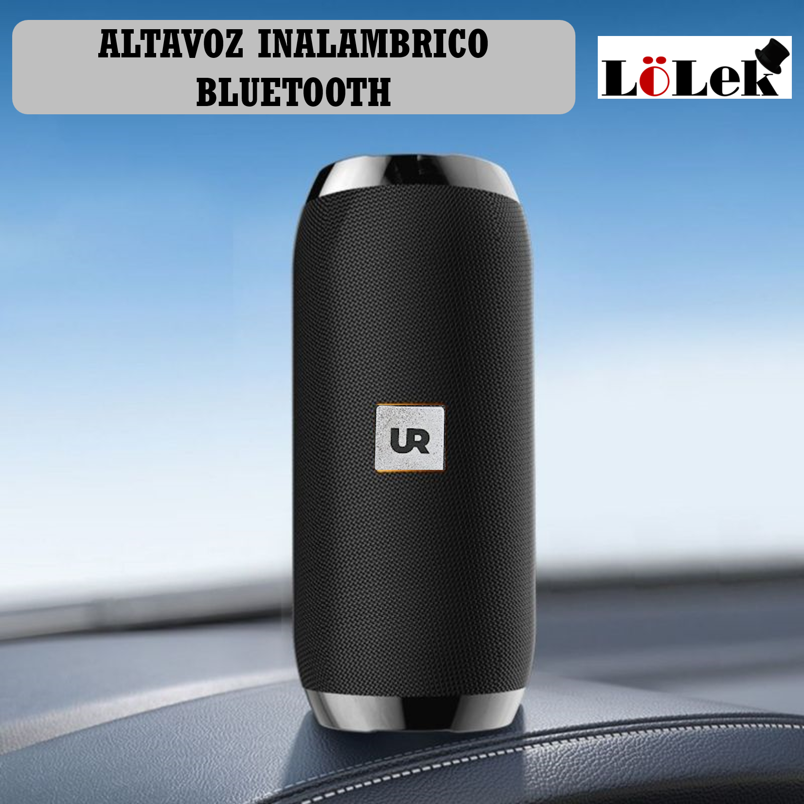 Un altavoz negro con logo plateado, en un coche.
