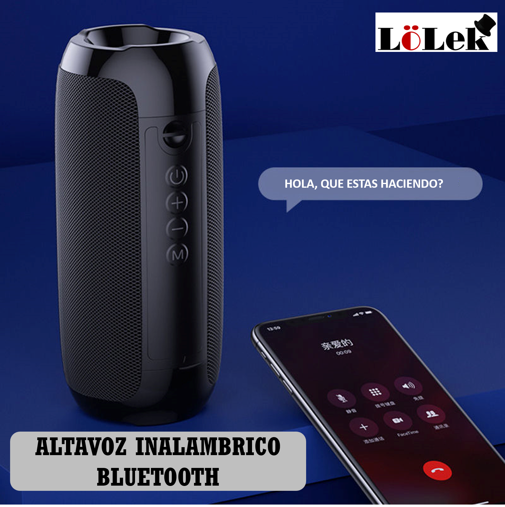 Un altavoz negro cerca de un teléfono con una conversación.