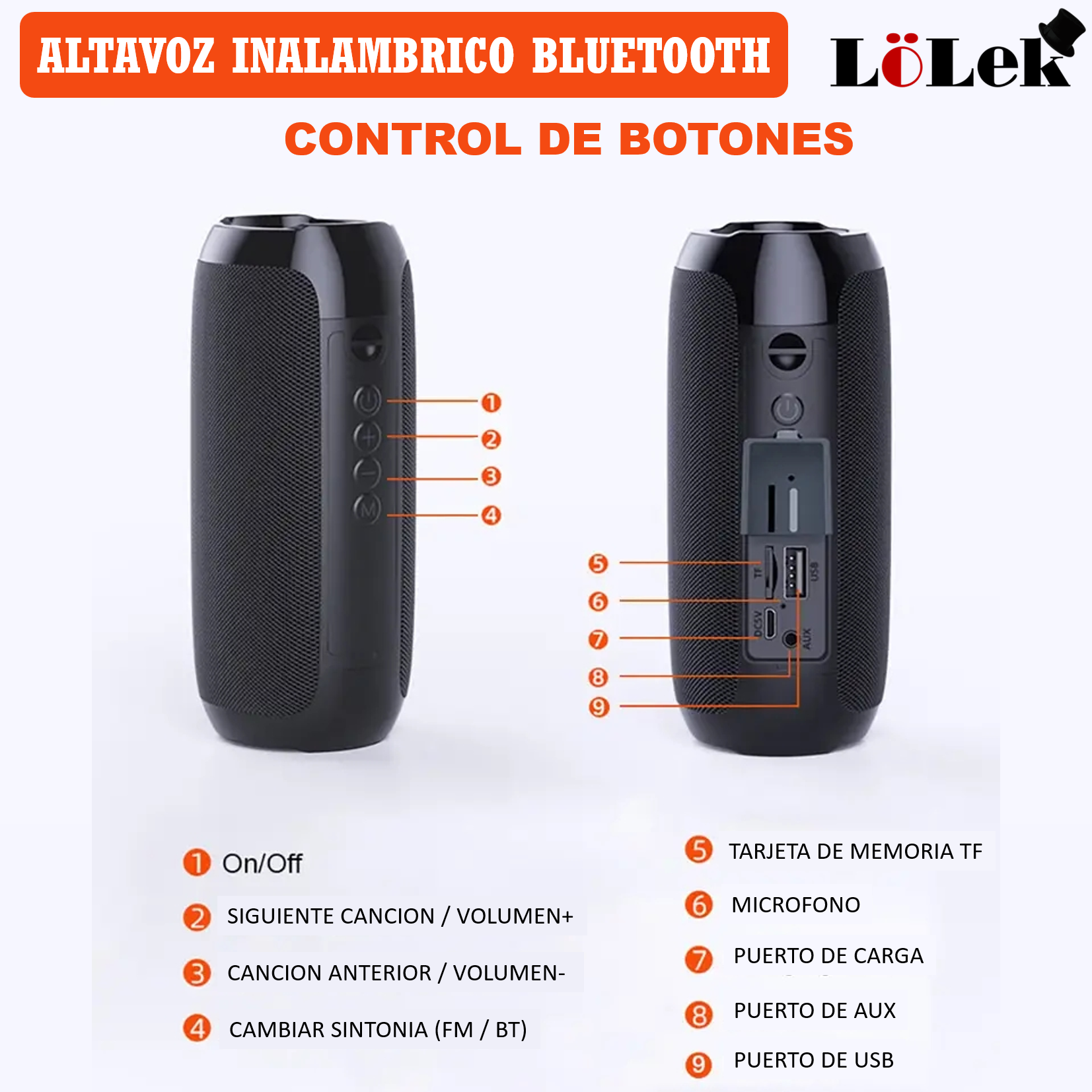 Un altavoz negro con botones y etiquetas.