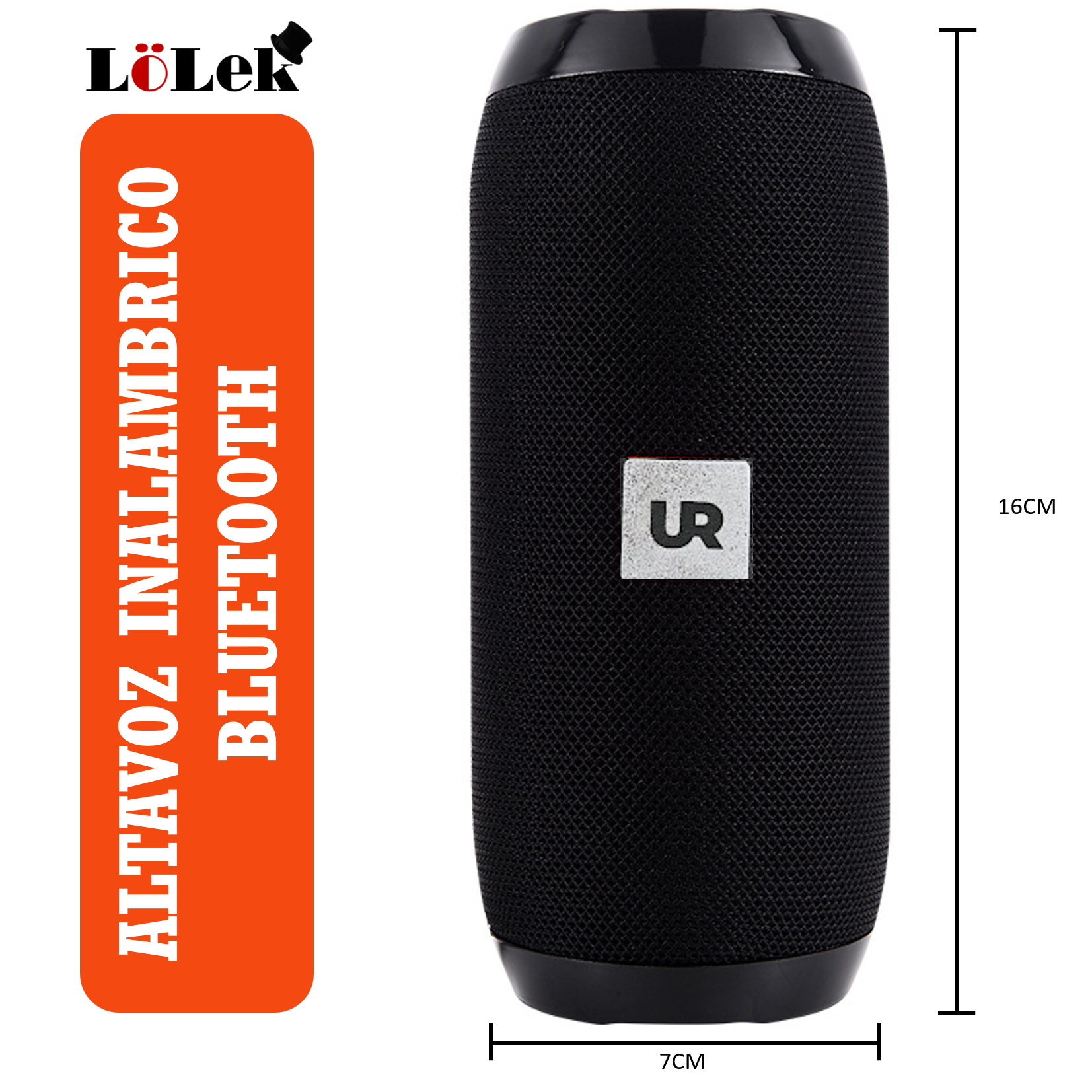 Altavoz Bluetooth negro con etiqueta rectangular naranja y etiquetas de dimensiones sobre fondo blanco.