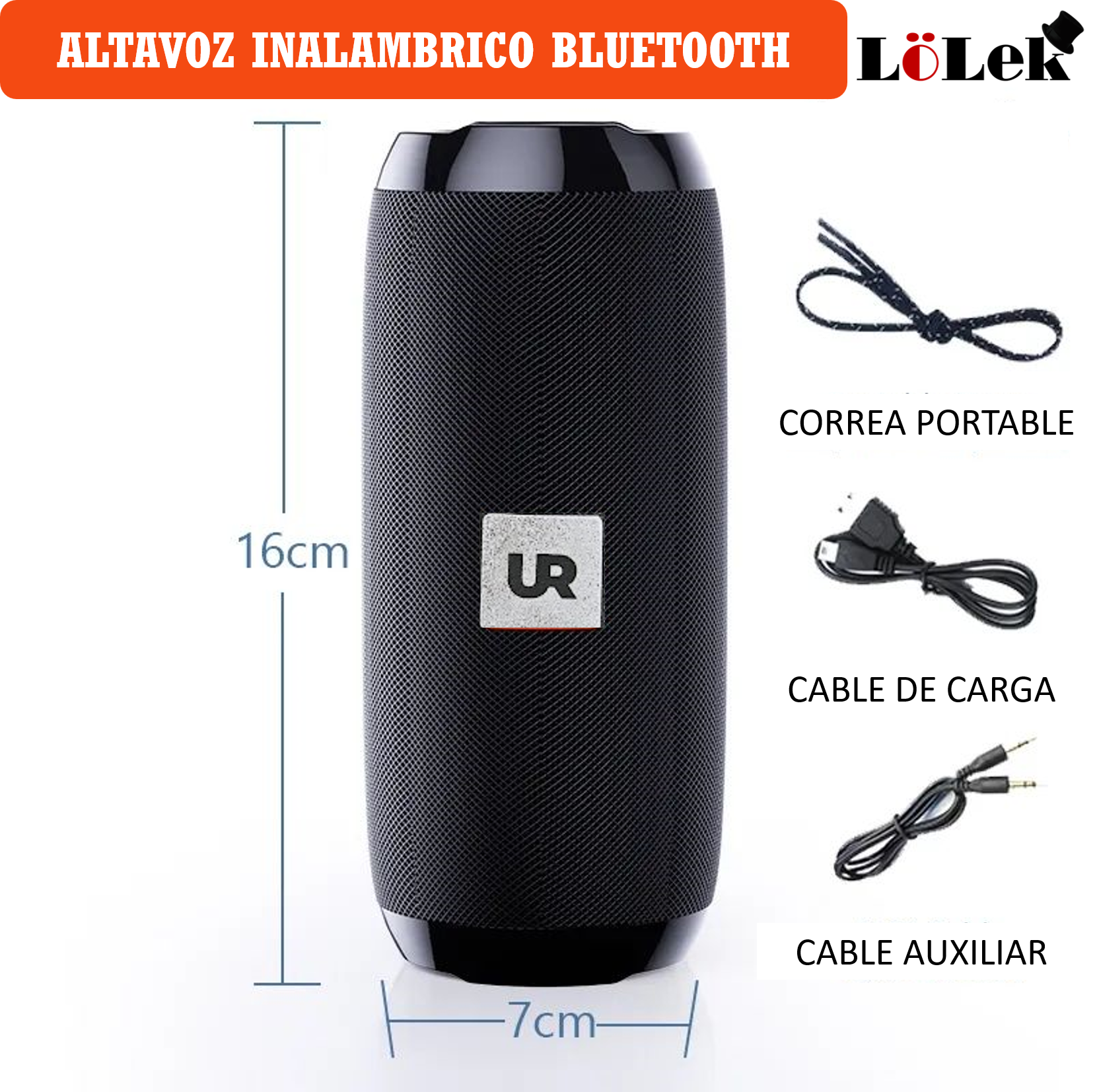 Un altavoz negro con dimensiones y accesorios.