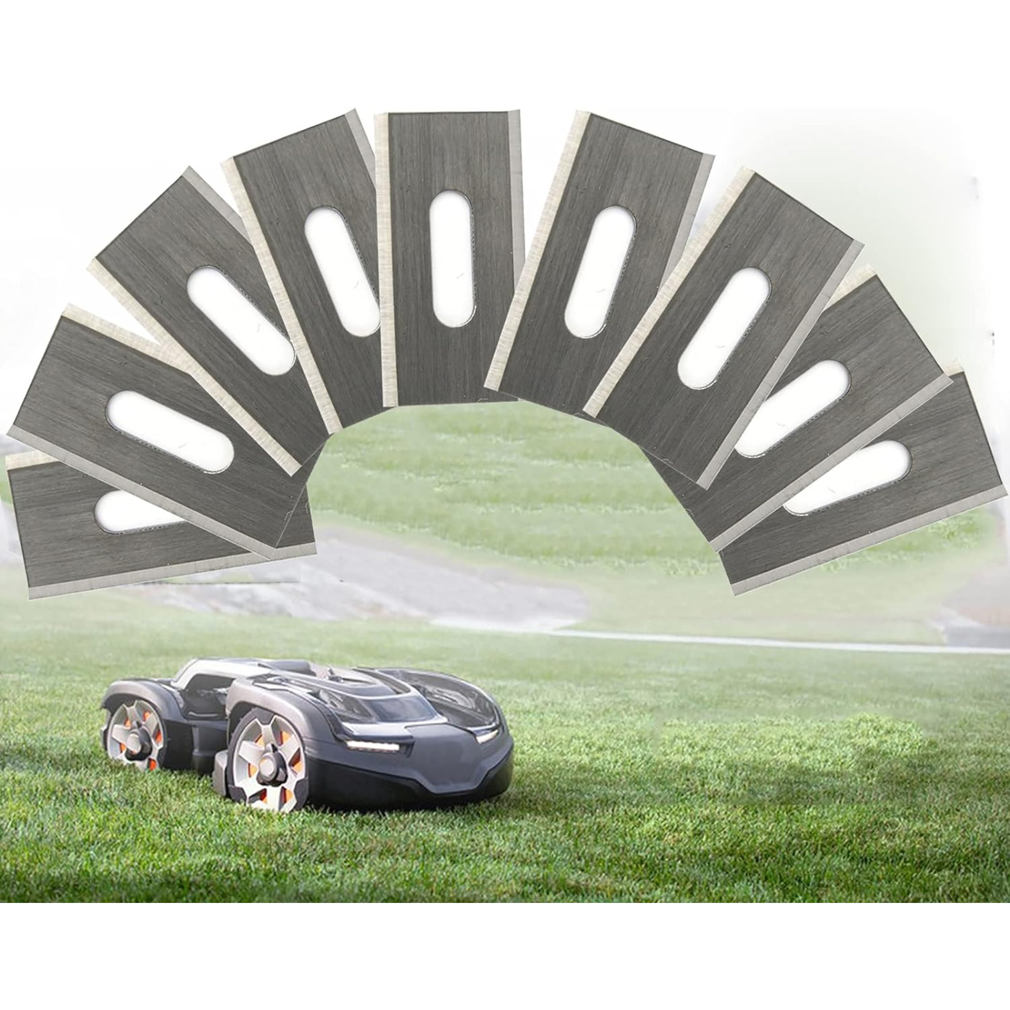 Ein Roboter-Rasenmäher und Klingen auf Gras.