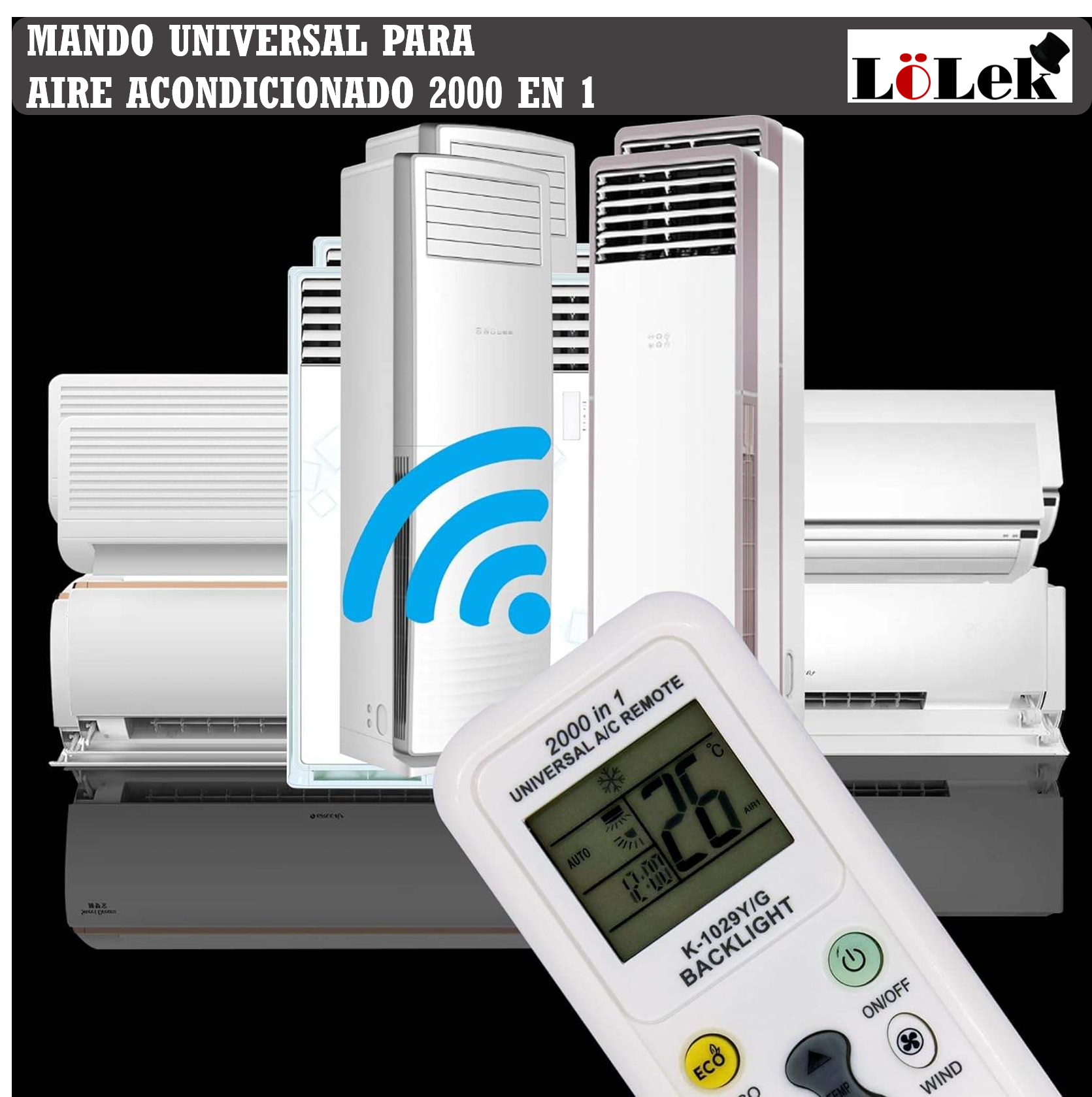 Se muestra un mando a distancia y varios aires acondicionados. El mando muestra la temperatura.