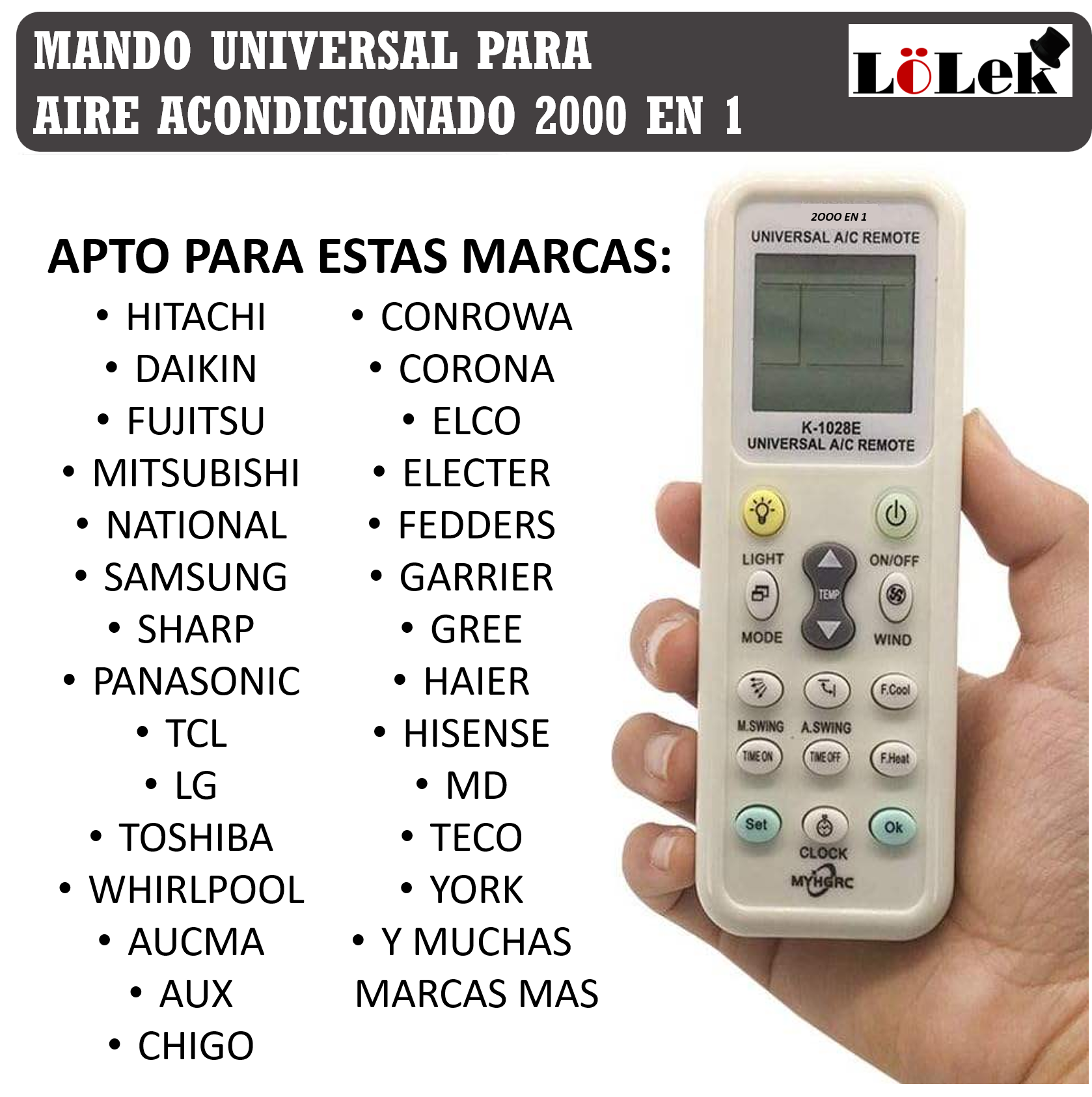 Un mando a distancia blanco con botones y texto. Enumera varias marcas con las que es compatible.