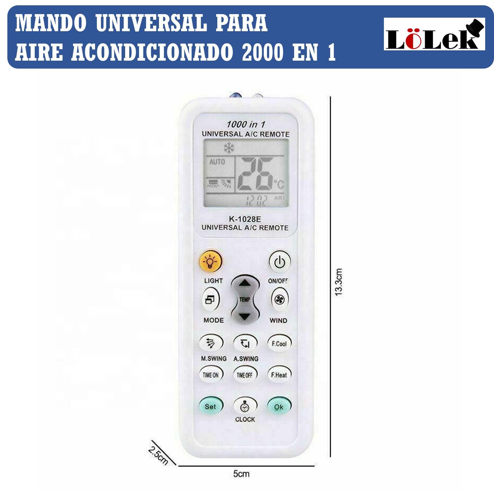 Un mando a distancia blanco para aire acondicionado con pantalla digital y varios botones de control.