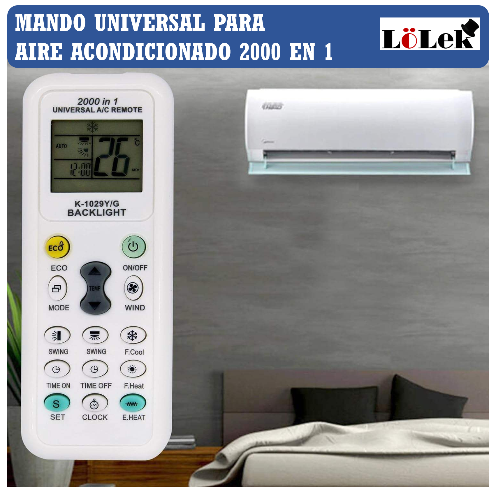 Un mando a distancia blanco con botones y una pantalla LCD, colocado frente a un aire acondicionado.